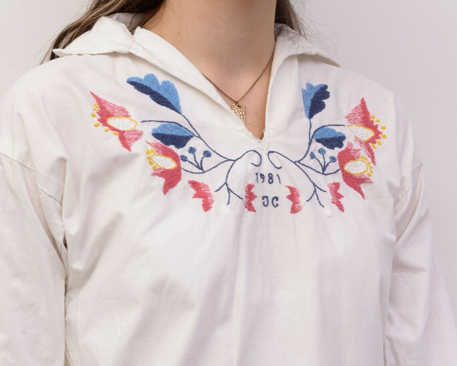Other × Vintage Vintage Floral Embroidering Folk Puff Sleeves Blouse Shirt Size L / US 10 / IT 46 - 3 Thumbnail