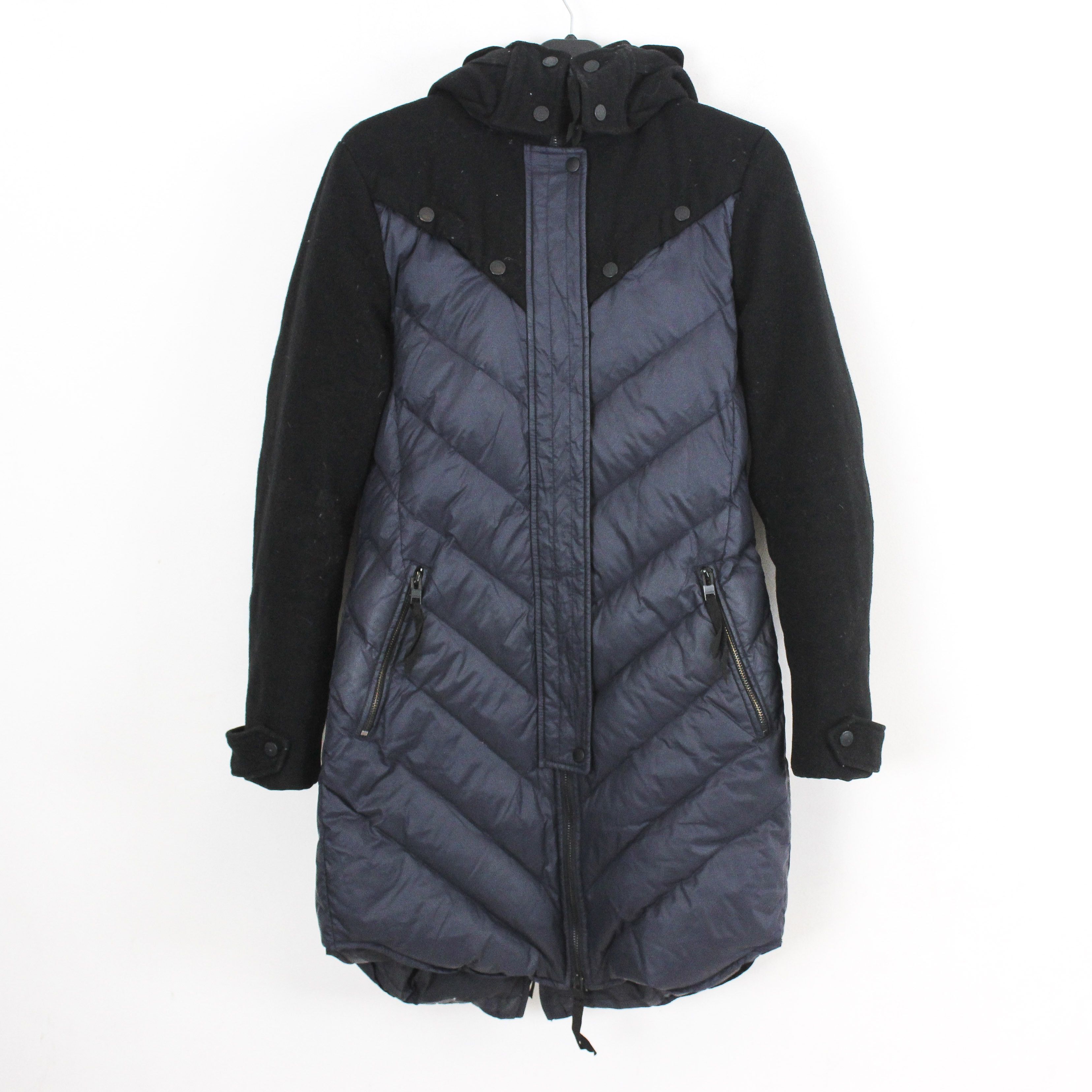 image of J Lindeberg Wool Down Coat Hooded Parka Padded Jacket Zip Feathers Top in Black/Blue, Women's (Size