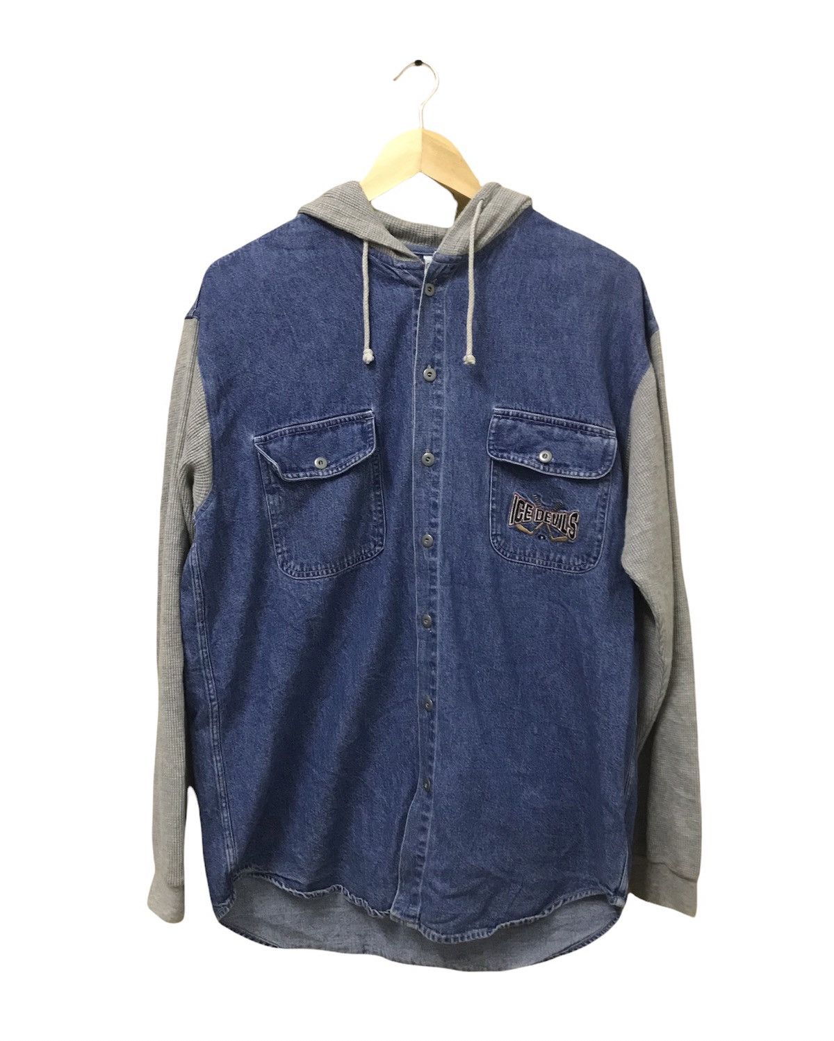 image of Vintage 90's Warner Bros Denim Button Up Shirt Hoodie in Blue Denim, Men's (Size Large)