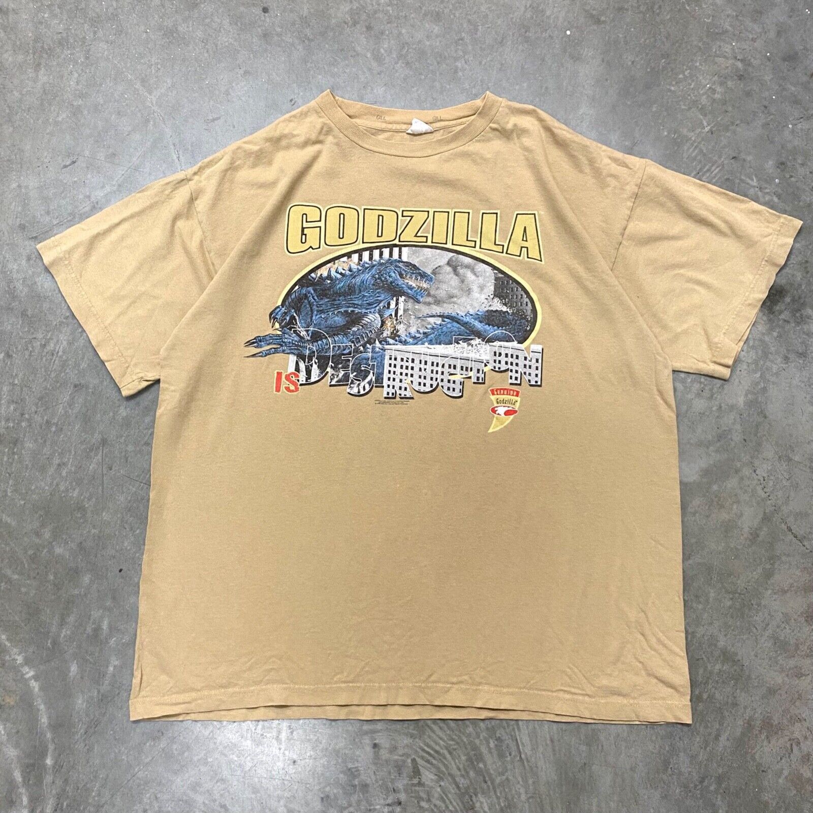 Image of Made In USA x Vintage VTG 90's Godzilla Is Destruction Official Licensed Movie T in Tan (Size XL)