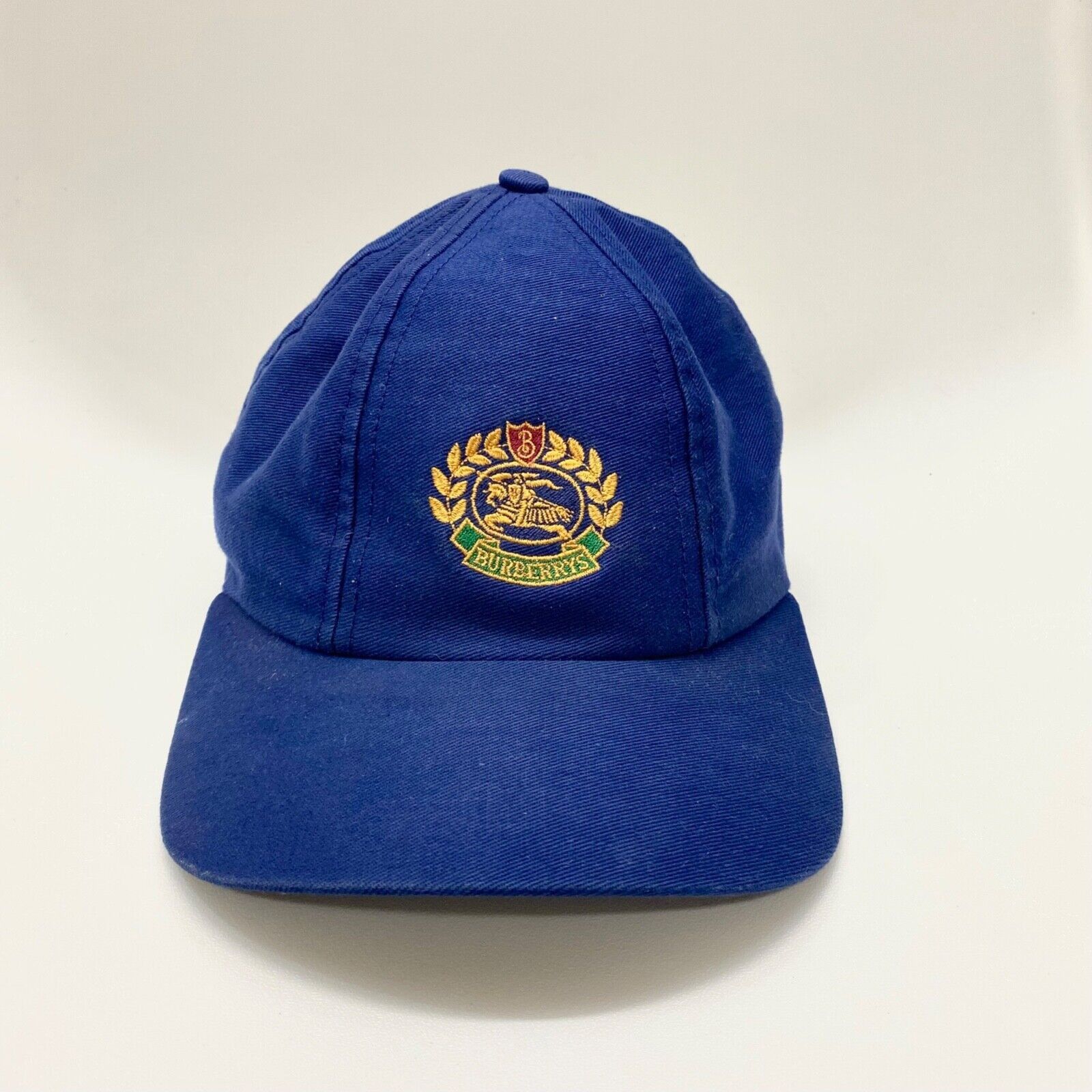 image of VTG 90's Burberrys Crest Logo 5 Panel Leather Strap Hat in Navy, Men's