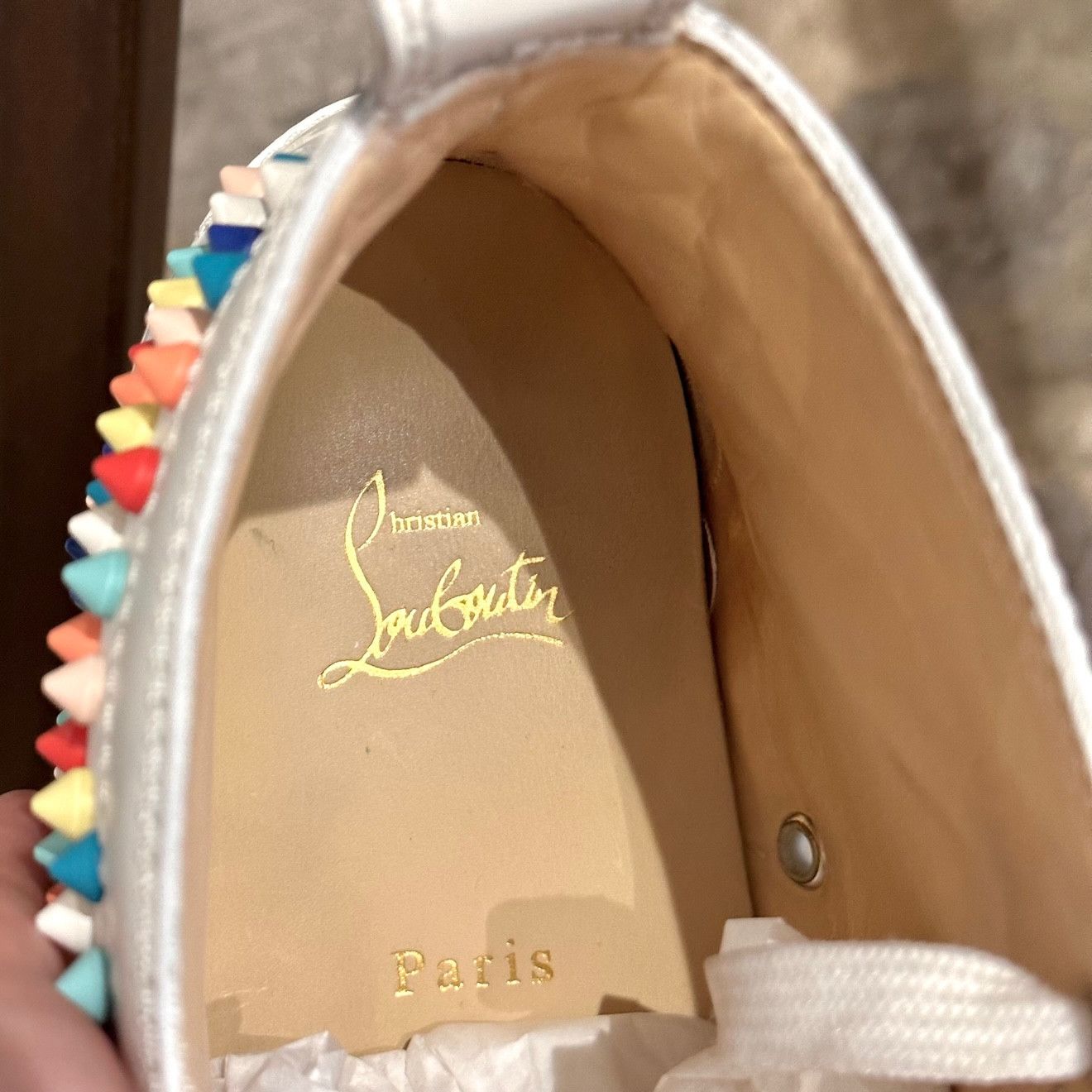 Christian Louboutin Christian Louboutin White Leather Louis Gomme Spike Sneakers Size US 8 / EU 41 - 11 Thumbnail