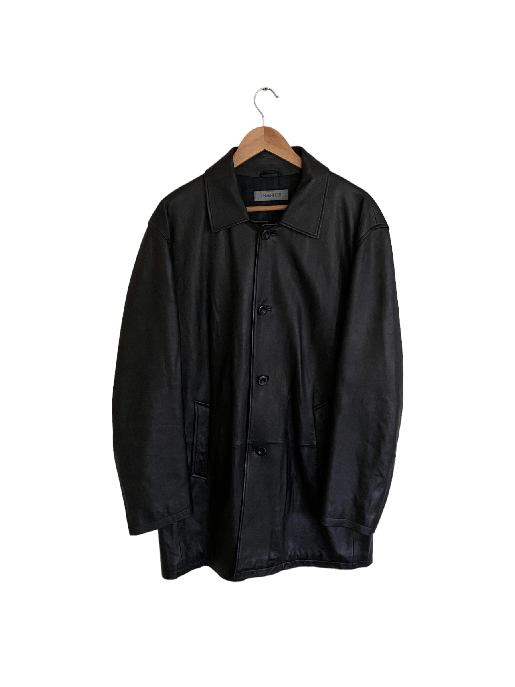 image of Genuine Leather x Karl Lagerfeld Lagerfeld Long Leather Coat, Size 54 in Black, Men's