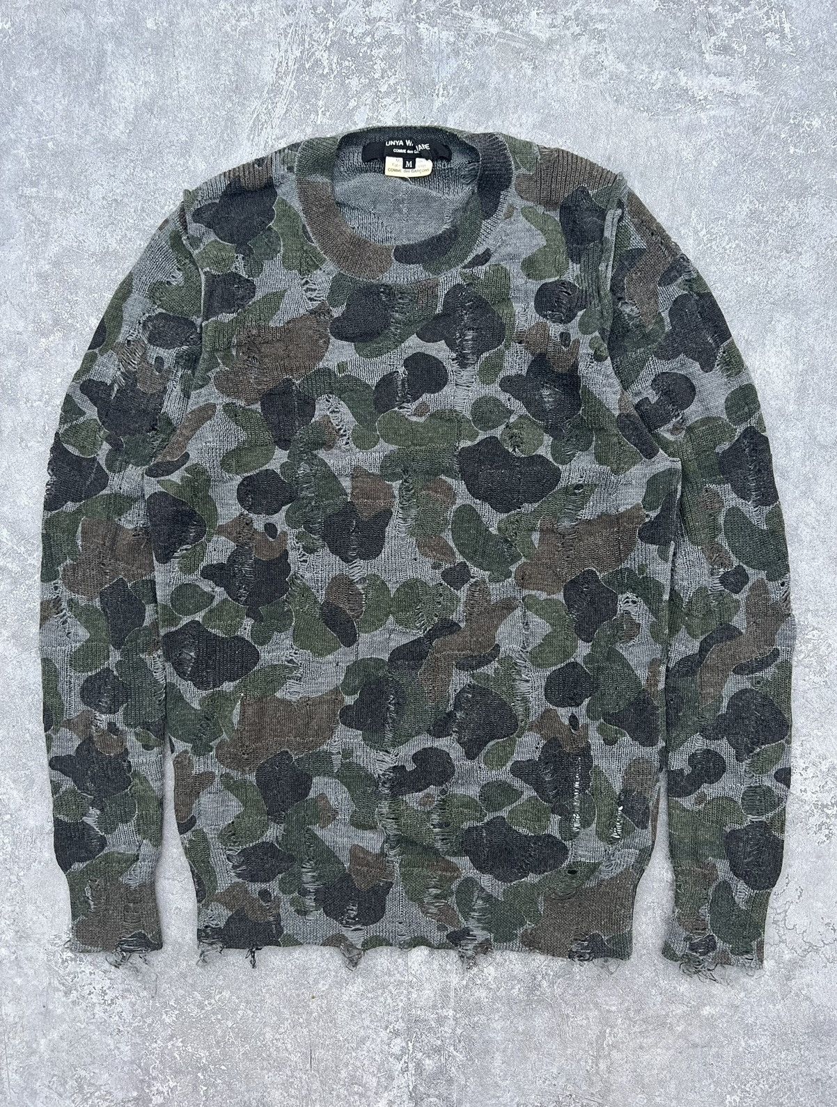 Pre-owned Comme Des Garcons X Junya Watanabe Ad2002 Camo Distressed Knit Sweater