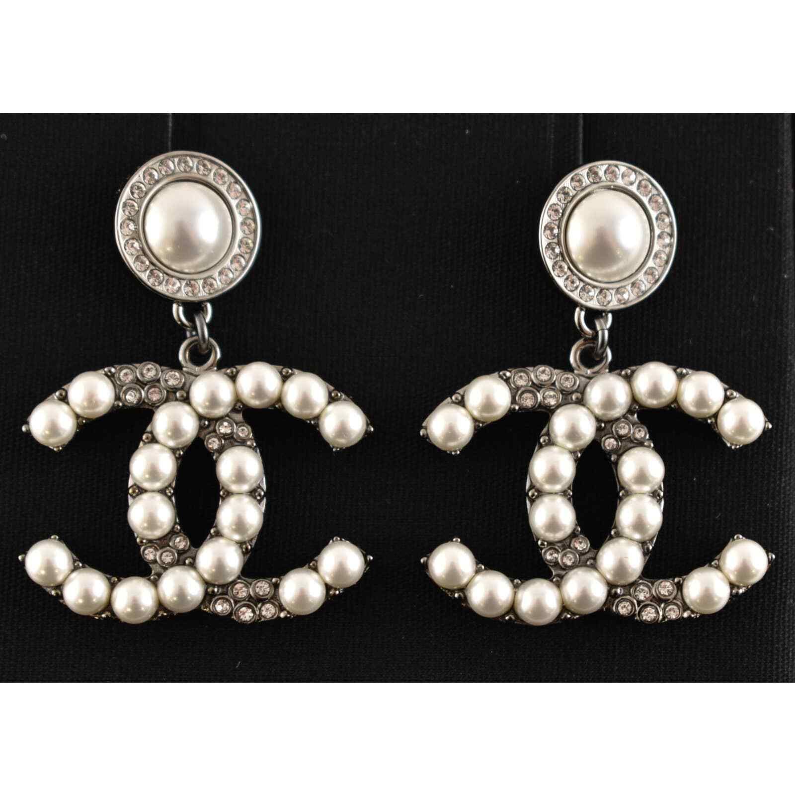 Chanel 21A Gold Pearl White Strass Crystal CC Logo Drop Statement Stud  Earrings