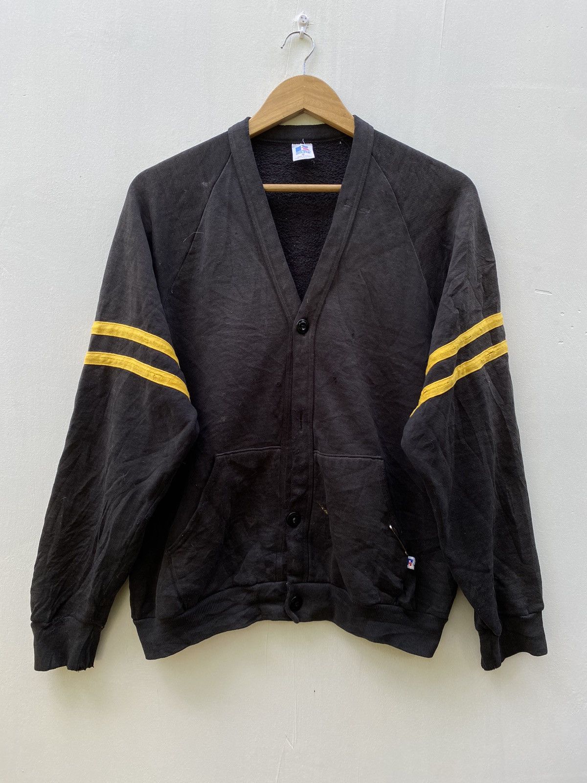 image of Russell Athletic 5050 Distressed Vintage Russell Athletic Black Cardigan, Men's (Size Medium)