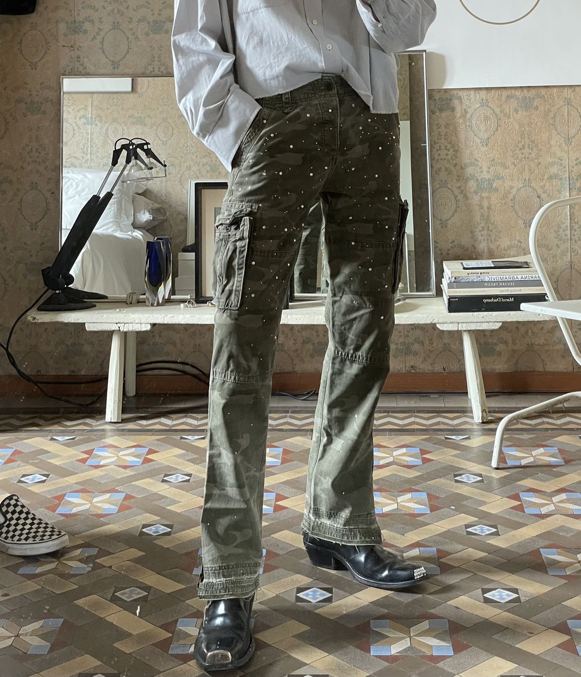 Custom cargo pants with Swarovski crystals