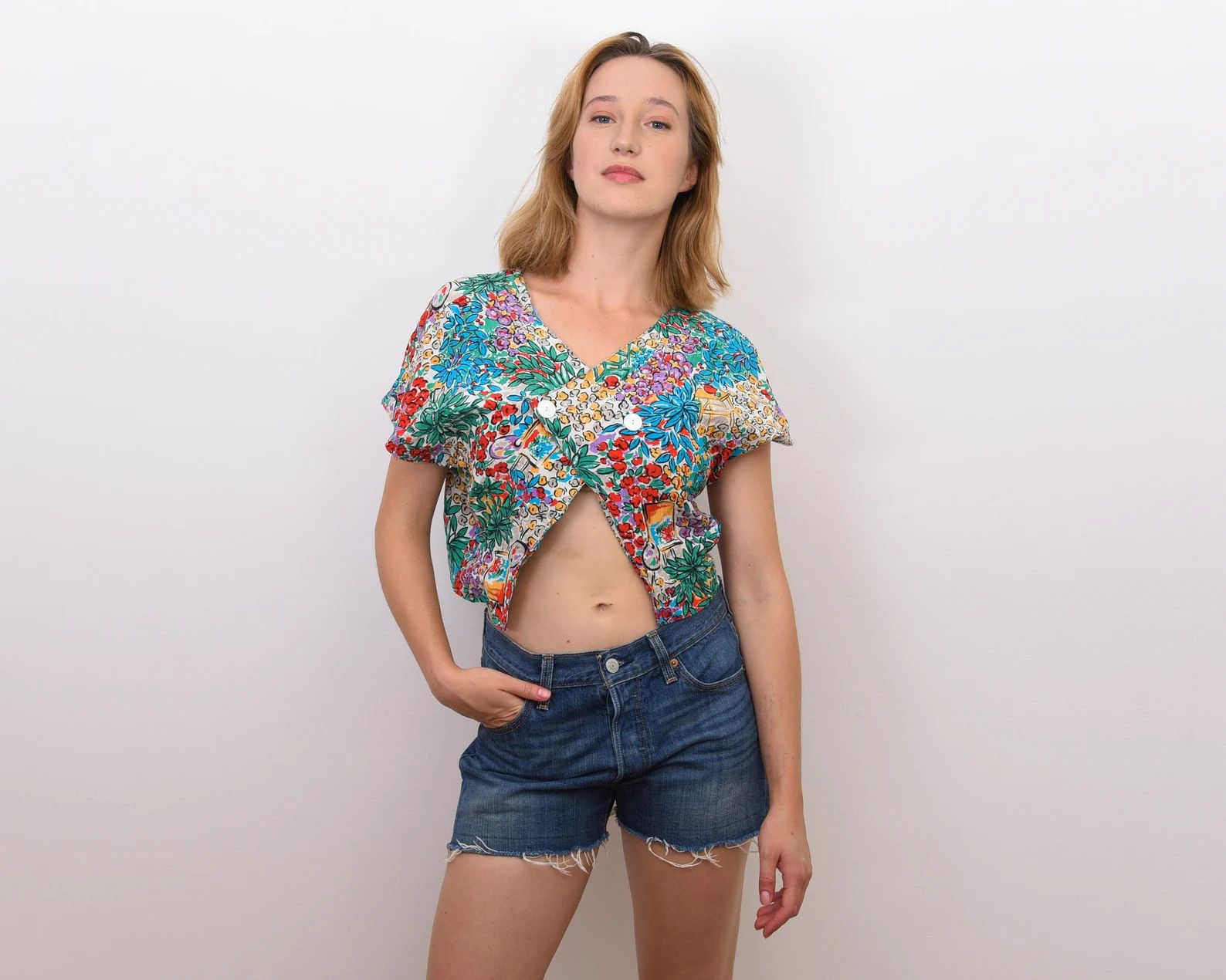 Other × Vintage 90's Tropical Top Blouse Tee Button Up French Short Sleeved Size S / US 4 / IT 40 - 1 Thumbnail