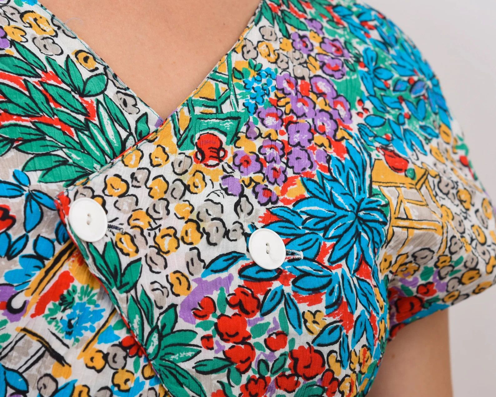 Other × Vintage 90's Tropical Top Blouse Tee Button Up French Short Sleeved Size S / US 4 / IT 40 - 2 Thumbnail
