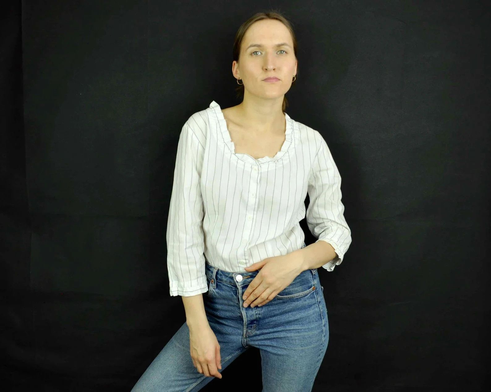 Other × Vintage NADINE H. Pinstripe 3/4 Sleeves Ruffle Blouse Shirt Top Tee Size M / US 6-8 / IT 42-44 - 1 Thumbnail