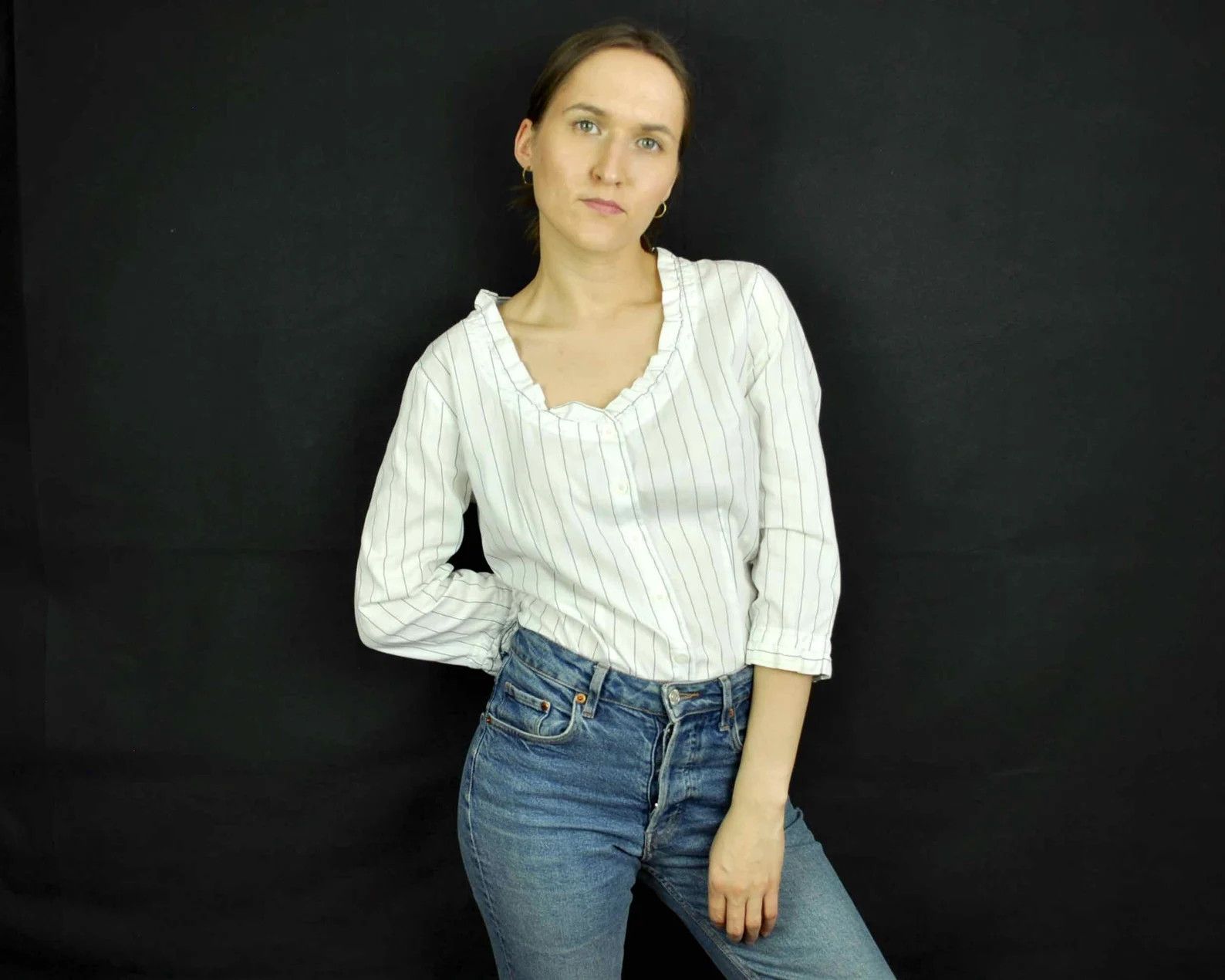 Other × Vintage NADINE H. Pinstripe 3/4 Sleeves Ruffle Blouse Shirt Top Tee Size M / US 6-8 / IT 42-44 - 3 Thumbnail