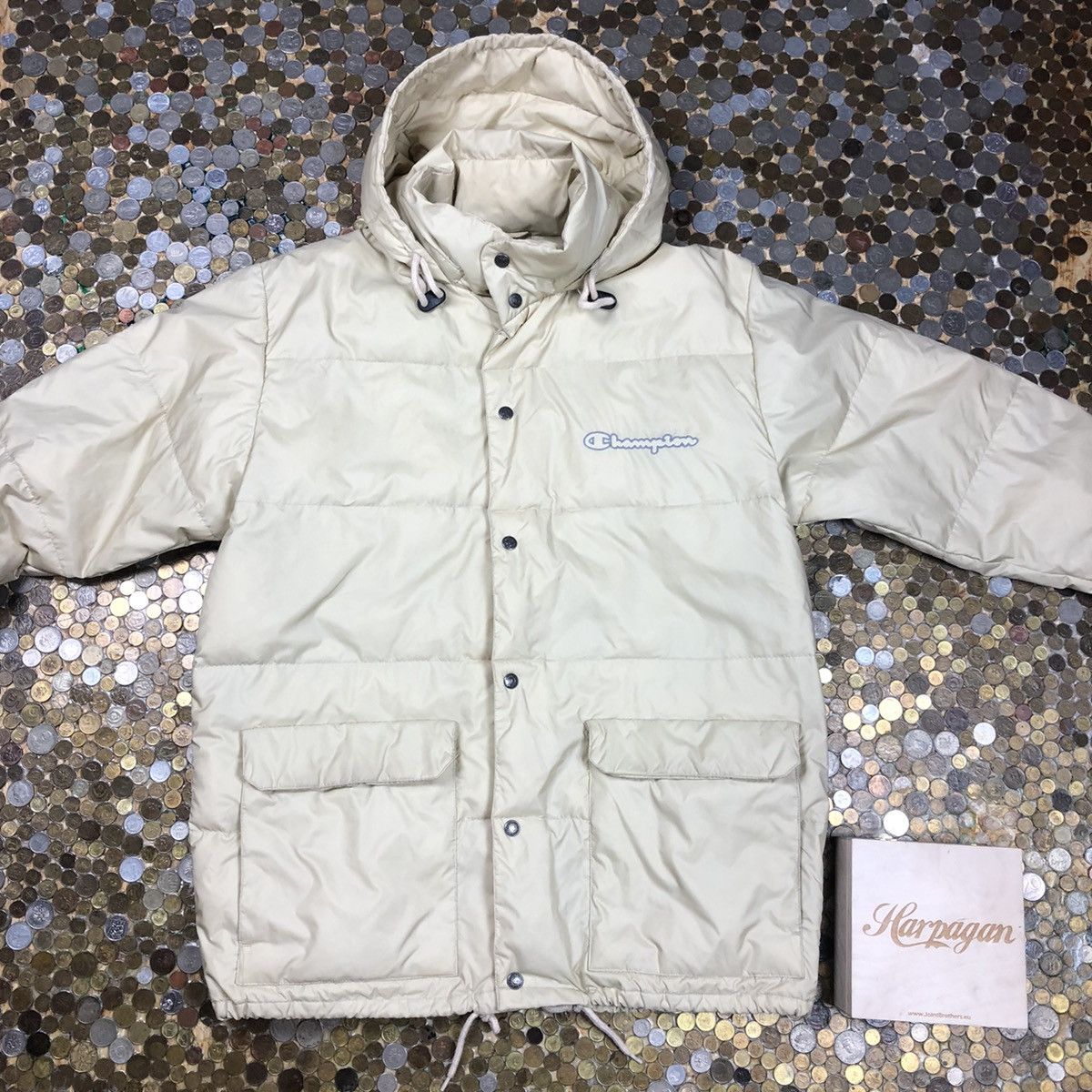 Champion vintage 90s puffer jacket with hoodie spellout