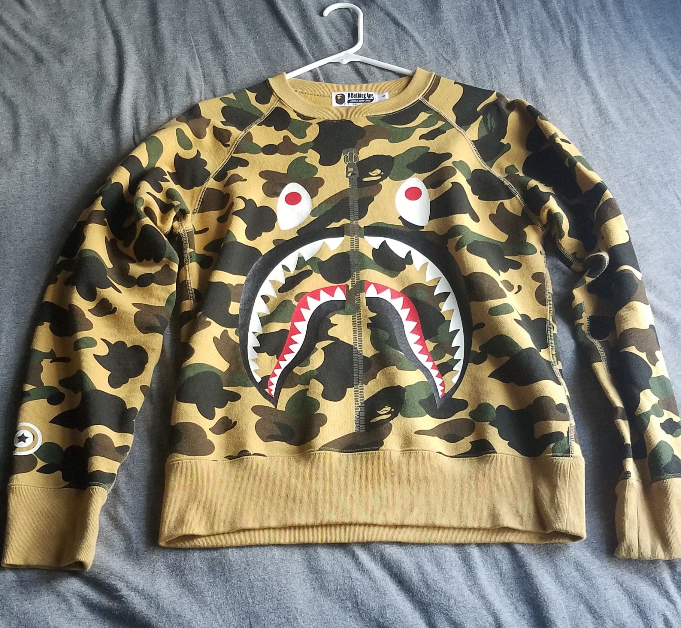 image of Bape 1St Camo Shark Crewneck in Yellow, Men's (Size Small)