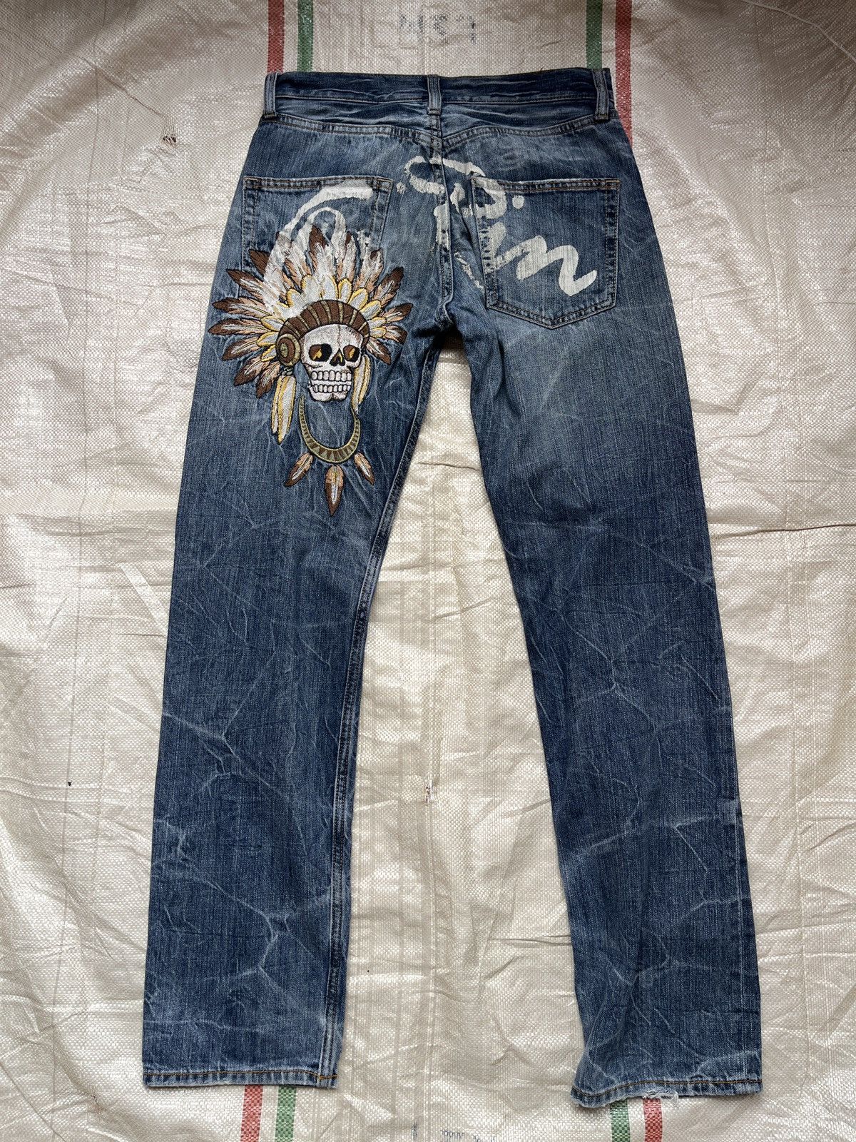Japanese Brand × Native × Vintage Big Embroidery Native Apache Red Indian Skull Denim Jeans Size US 29 - 19 Thumbnail
