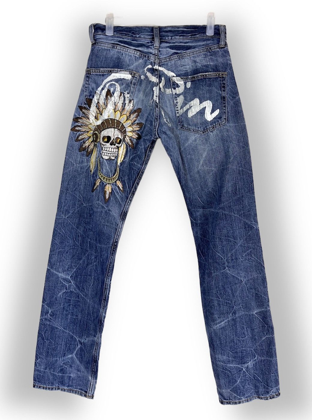 Big Embroidery Native Apache Red Indian Skull Denim Jeans