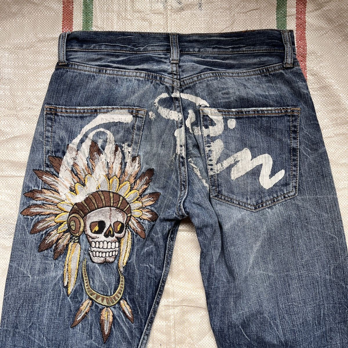Japanese Brand × Native × Vintage Big Embroidery Native Apache Red Indian Skull Denim Jeans Size US 29 - 18 Thumbnail