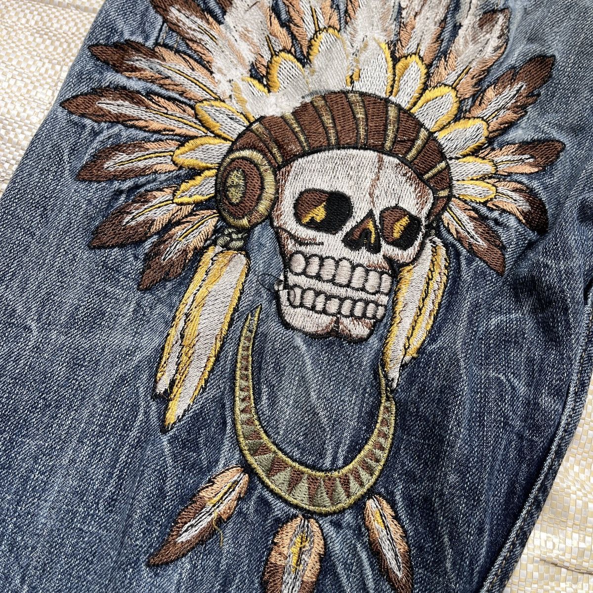 Japanese Brand × Native × Vintage Big Embroidery Native Apache Red Indian Skull Denim Jeans Size US 29 - 17 Thumbnail