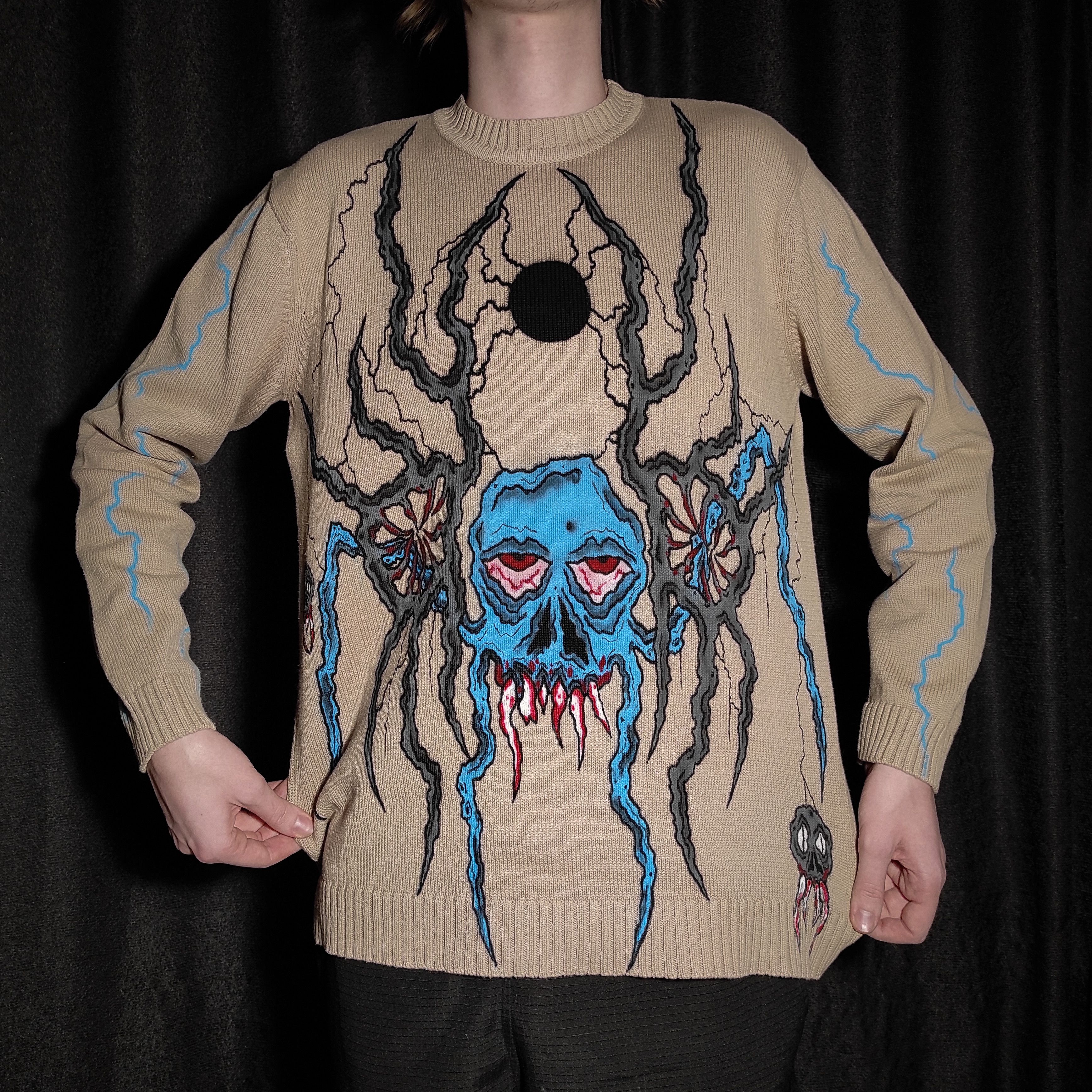 Handmade Beige Blue Skull Print Vintage Creepy Sweater