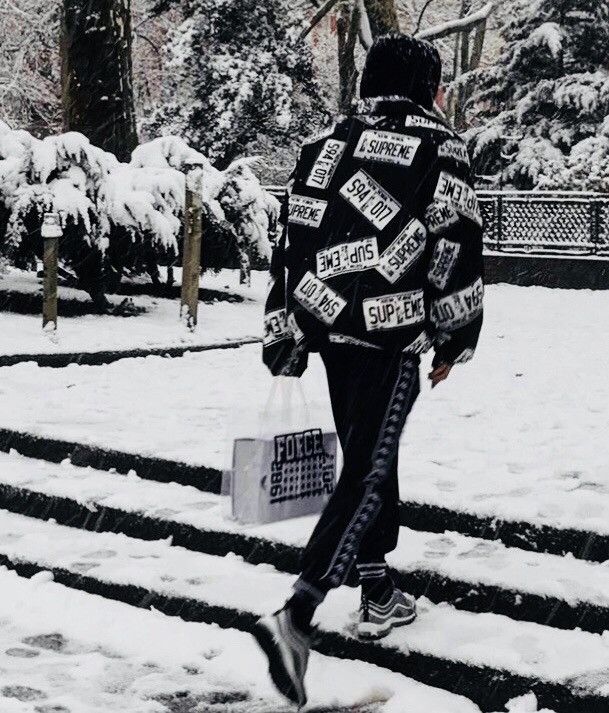 Supreme license plate puffy jacket on sale