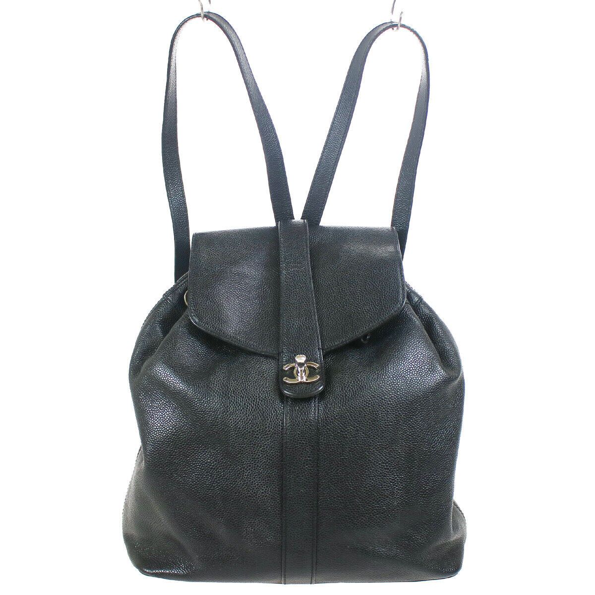 Chanel CC Chain Backpack Bag Black Caviar Skin Leather Vintage