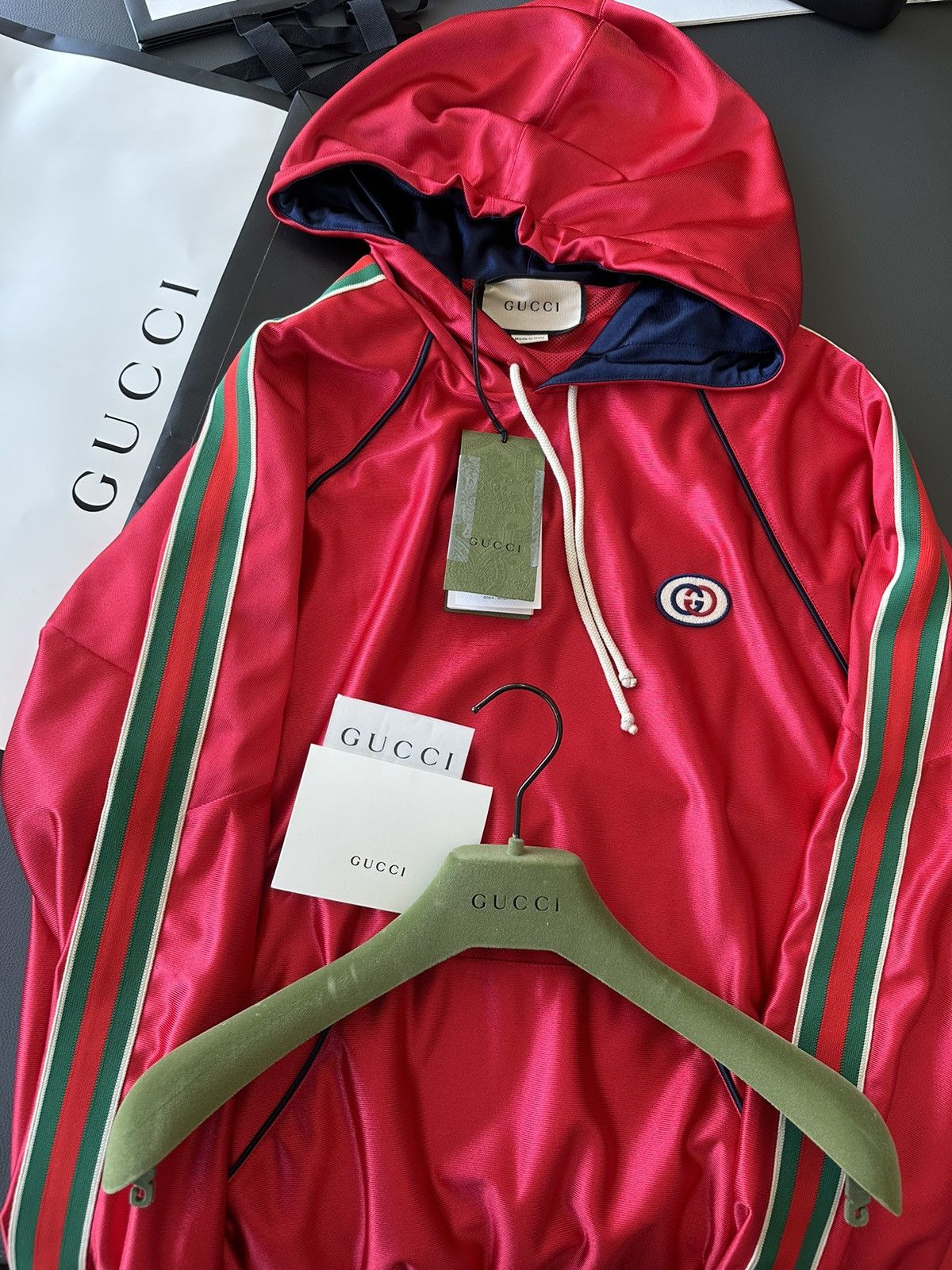 image of Super Runway Gucci Logo Track Technical Hoodie in Red, Men's (Size Small)