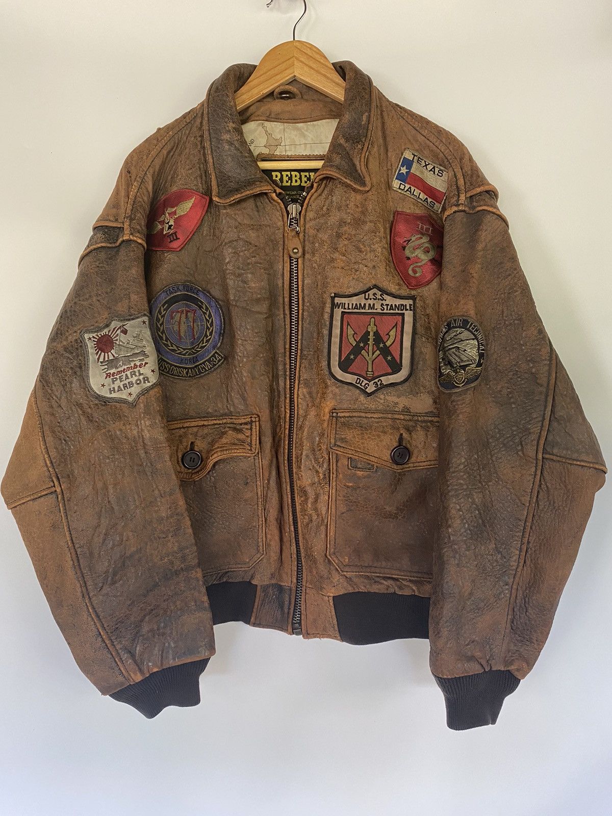 REBEL Heavy Leather Flight Bomber Jacket Patches Map Top Gun