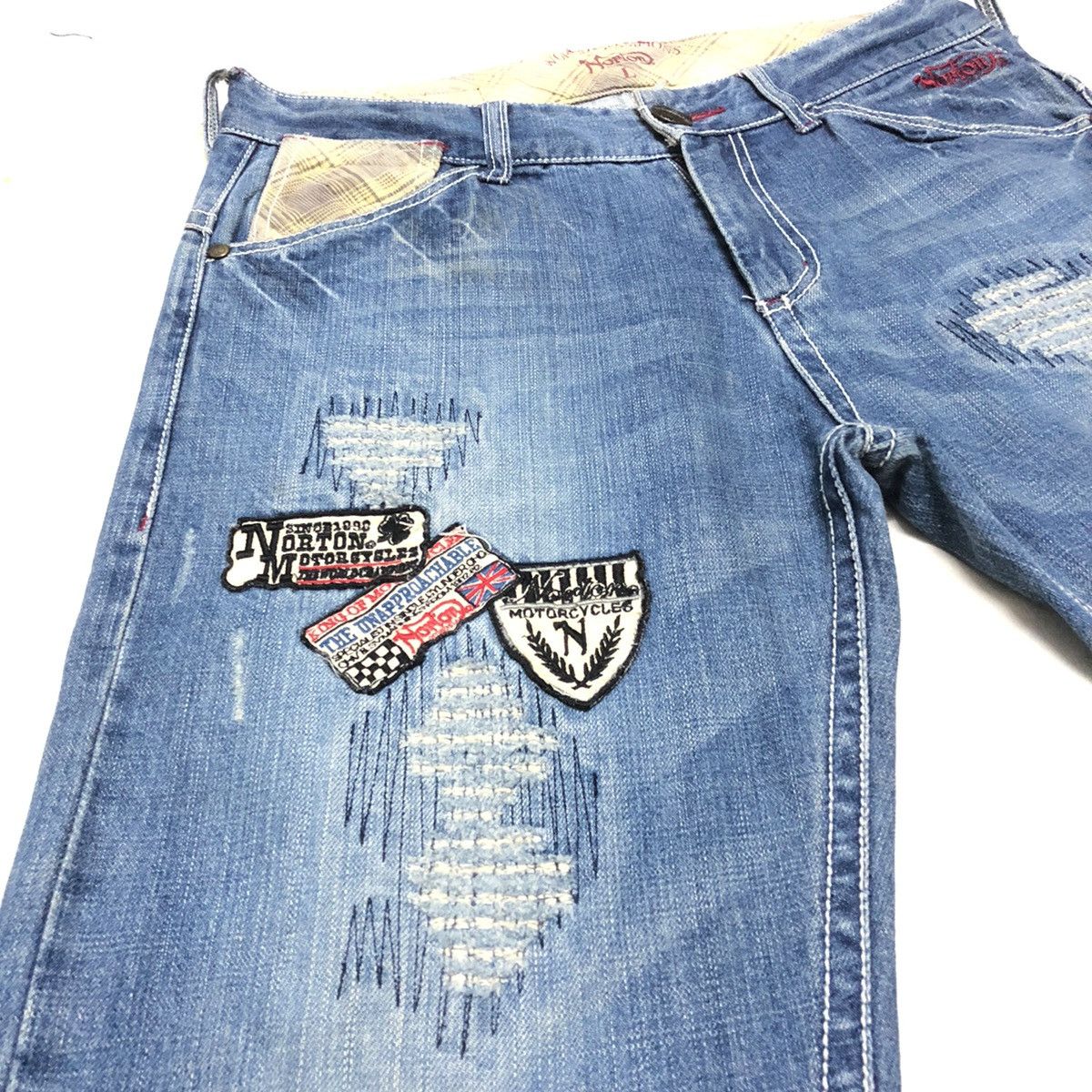Norton Norton Motorcycle Patchwork Distressed Denim Size US 33 - 6 Thumbnail