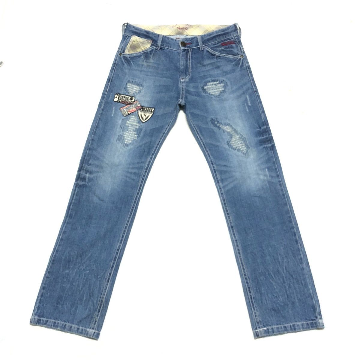 image of Biker Denim x Norton Motorcycle Patchwork Distressed Denim in Blue, Men's (Size 33)