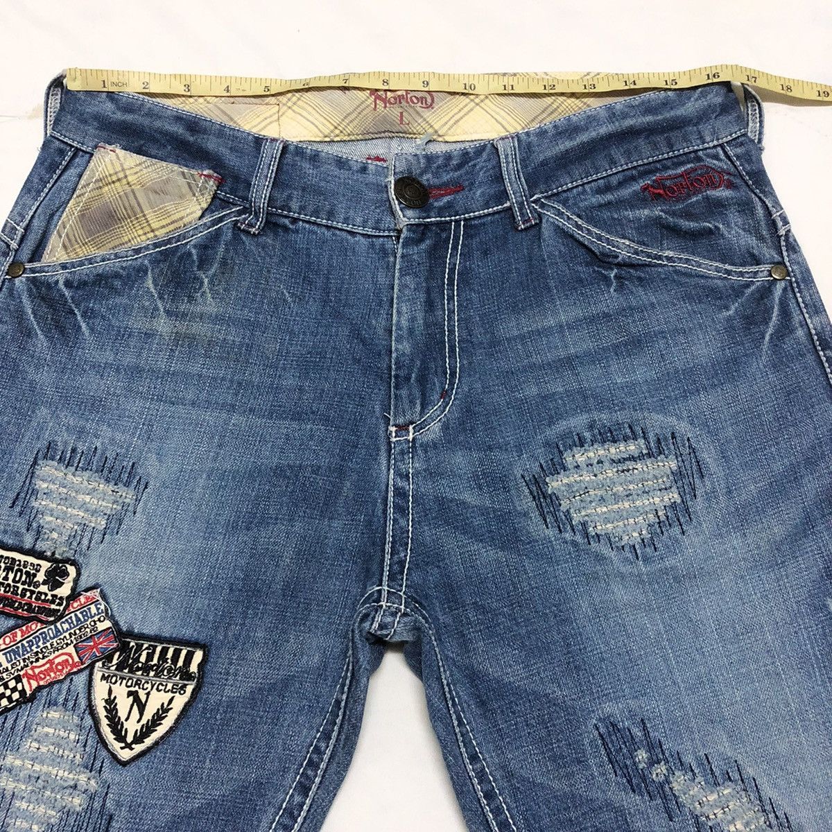 Norton Norton Motorcycle Patchwork Distressed Denim Size US 33 - 7 Thumbnail