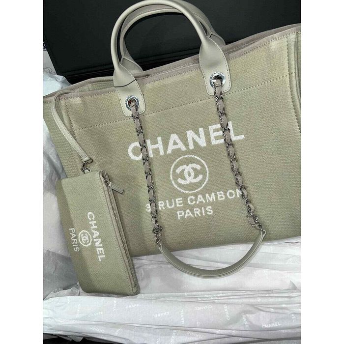 Chanel 22C Deauville Beige Grey Large Shopping 30cm Silver Chain