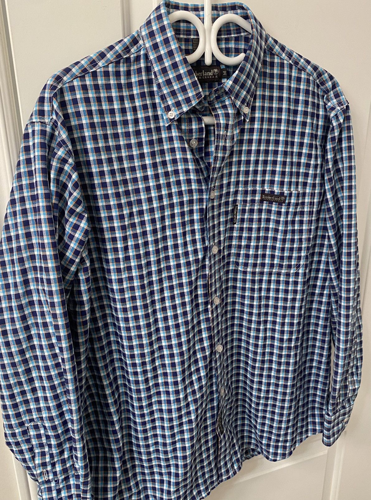 Timberland × Vintage Vintage Timberland Weathergear Blue Plaid Button Up Shirt Size US M / EU 48-50 / 2 - 2 Thumbnail
