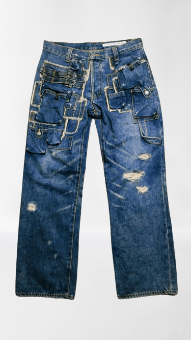 image of Issey Miyake Sunao Kuwahara Multi-Pocket Utility Denim in Blue, Men's (Size 32)