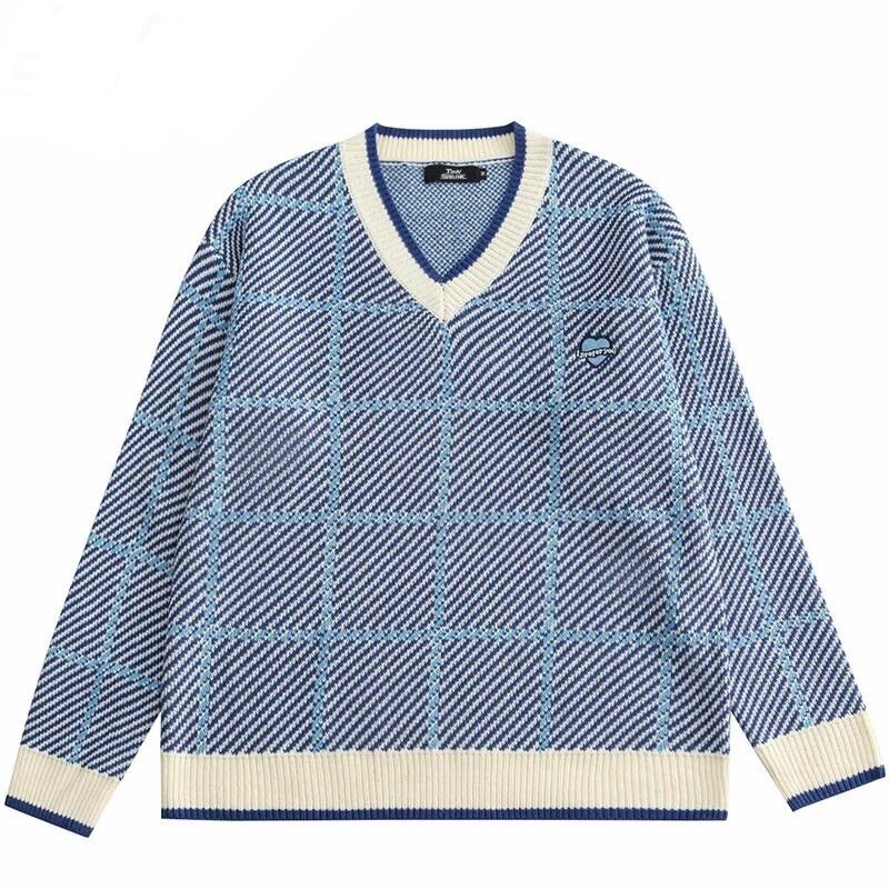 Embroidery Heart Plaid Knitted Sweater
