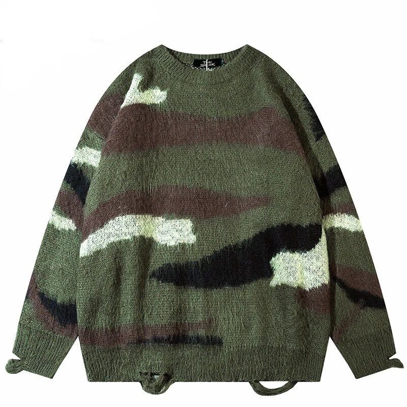 Camouflage Distressed Knitted Sweater