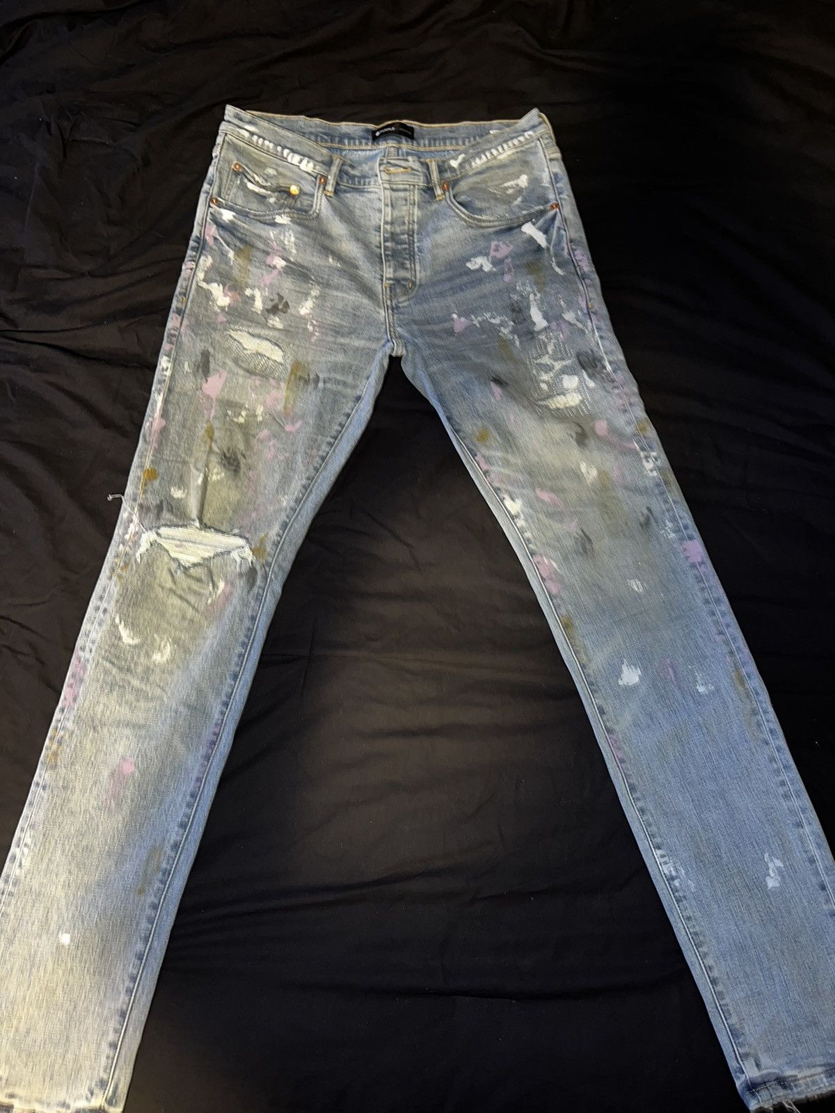 image of Purple Brand Purple Paint Splatter Skinny Jeans in Denim, Men's (Size 34)