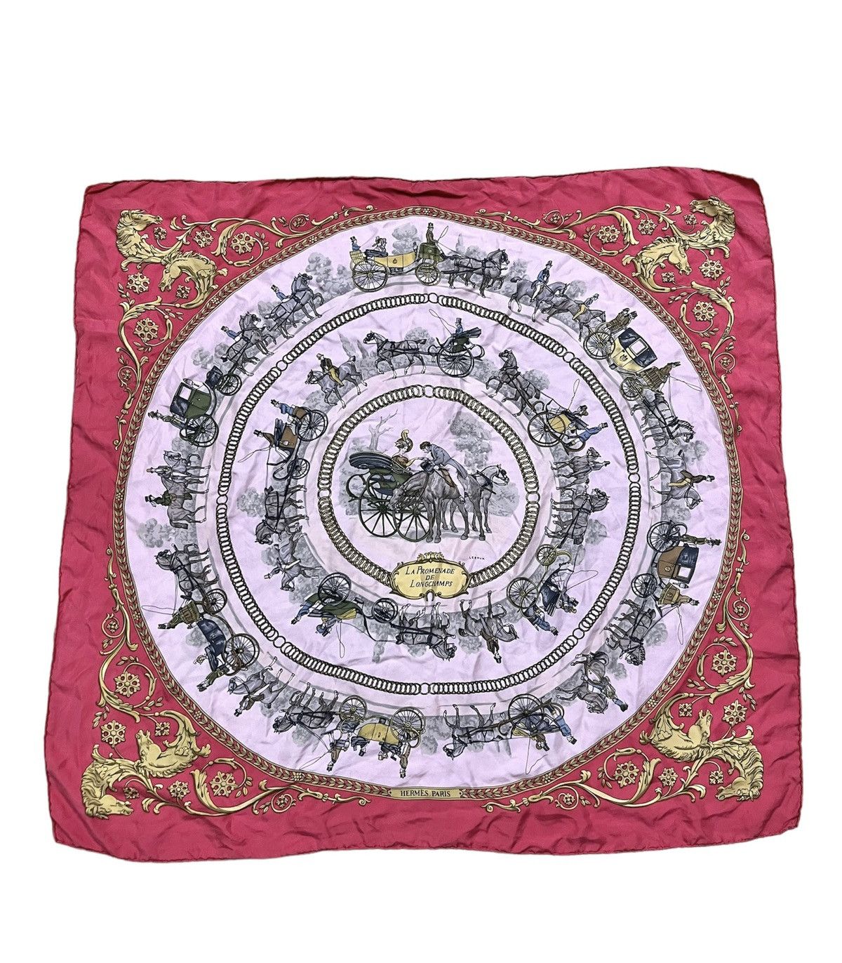 image of 70's Hermes La Promenade De Longchamps By Ledoux Silk Scarf in Pink, Men's