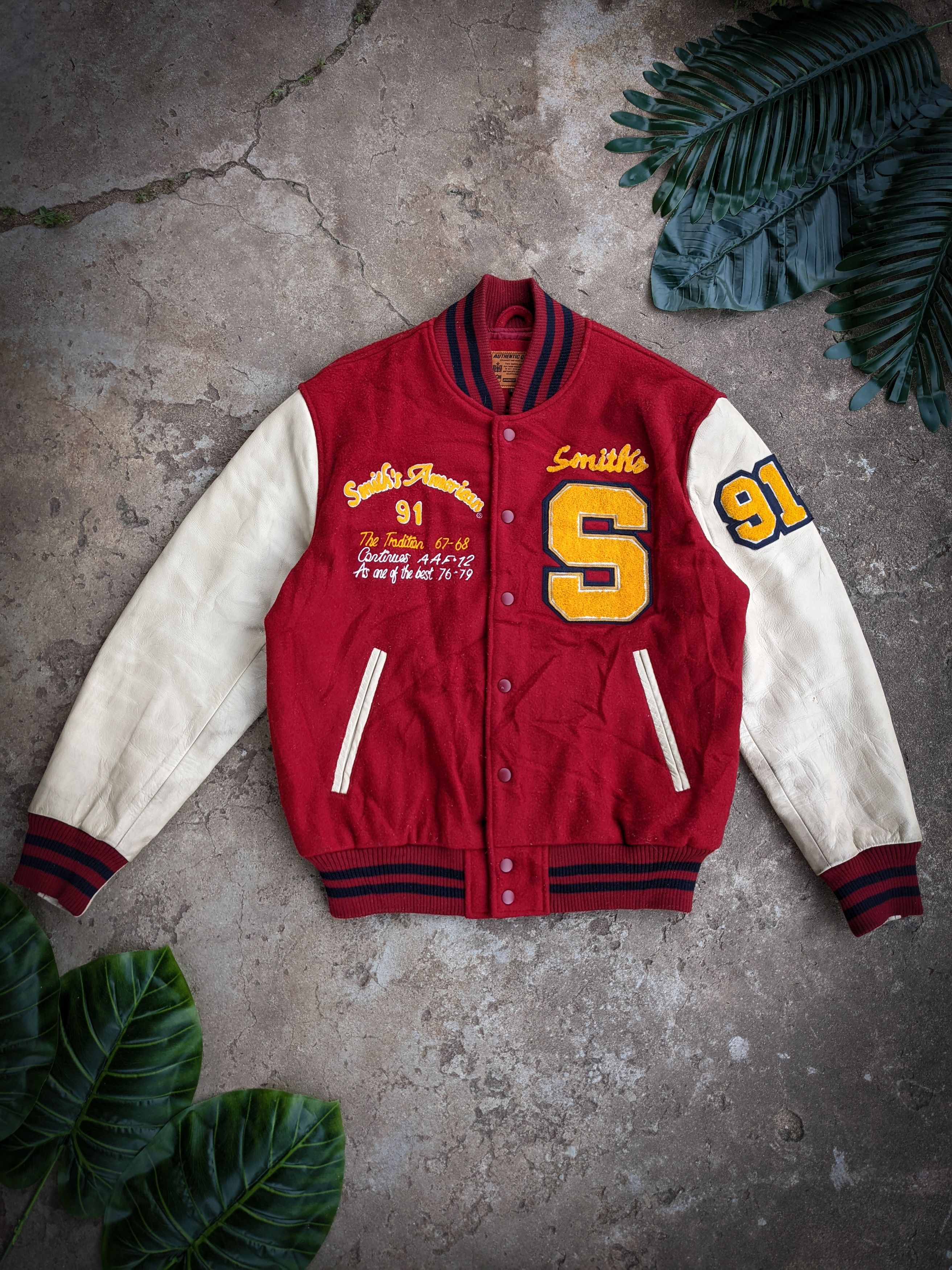 image of Heat Smiths Leather Sleeve Varsity Jacket in Red, Men's (Size Large)
