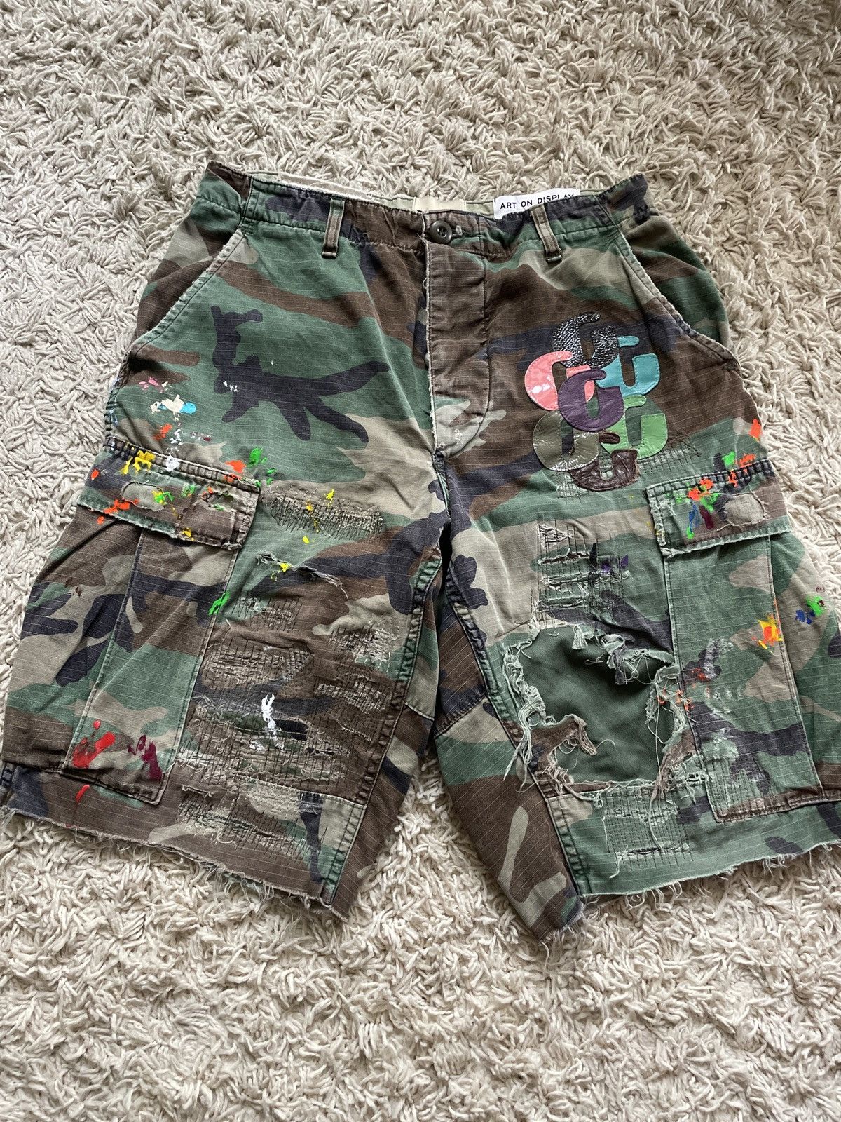 284センチ股下GALLERY DEPT. ギャラリーデプト G Patch Camo Cargo Shorts CCMG-5262 Gパッチ ダメージ加工 カモフラ カーゴパンツ ハーフパンツ ショーツ グリーンカモ