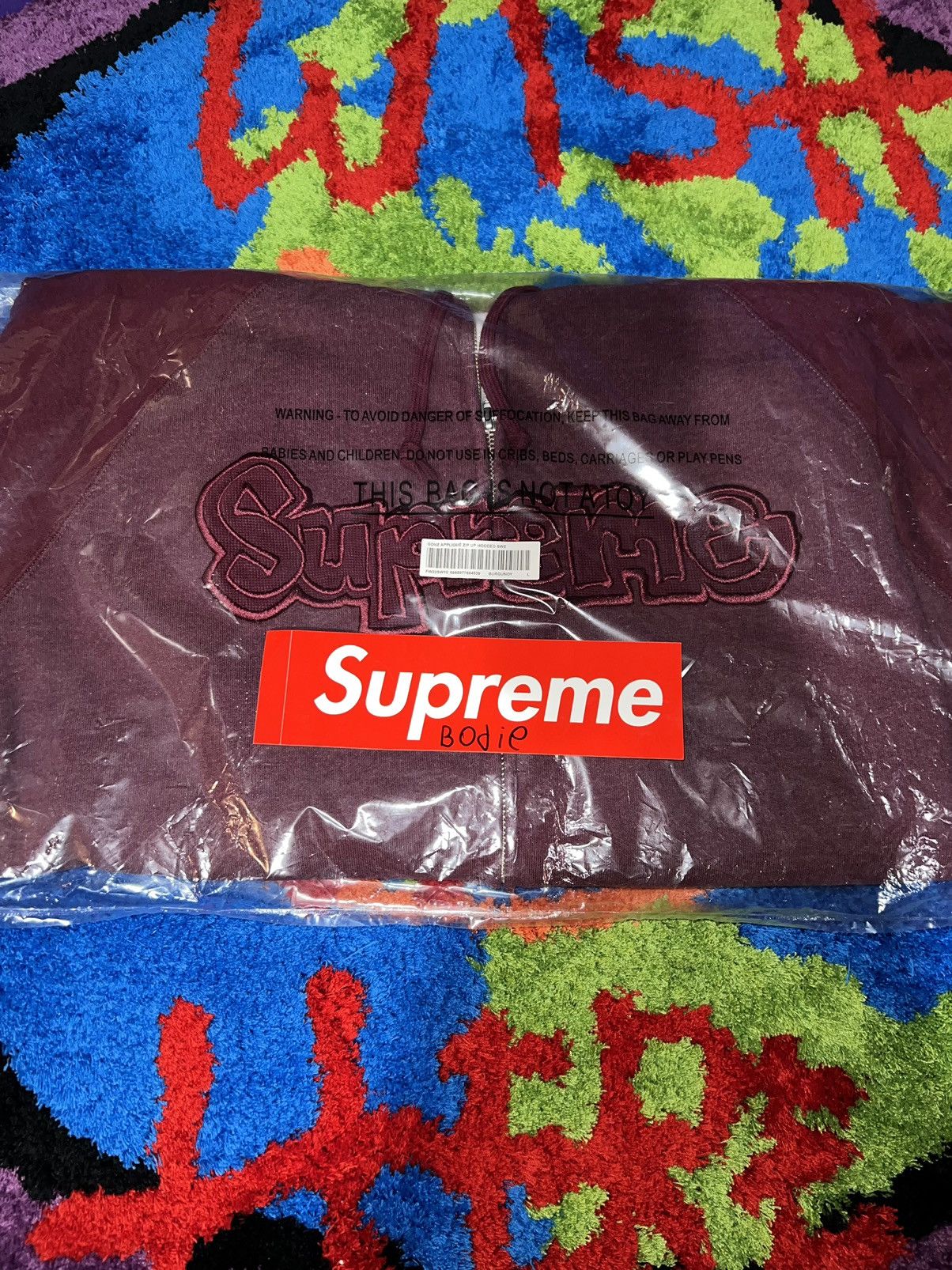 image of Supreme Gonz Appliqué Zip Up Hooded Sweatshirt in Burgandy, Men's (Size Large)