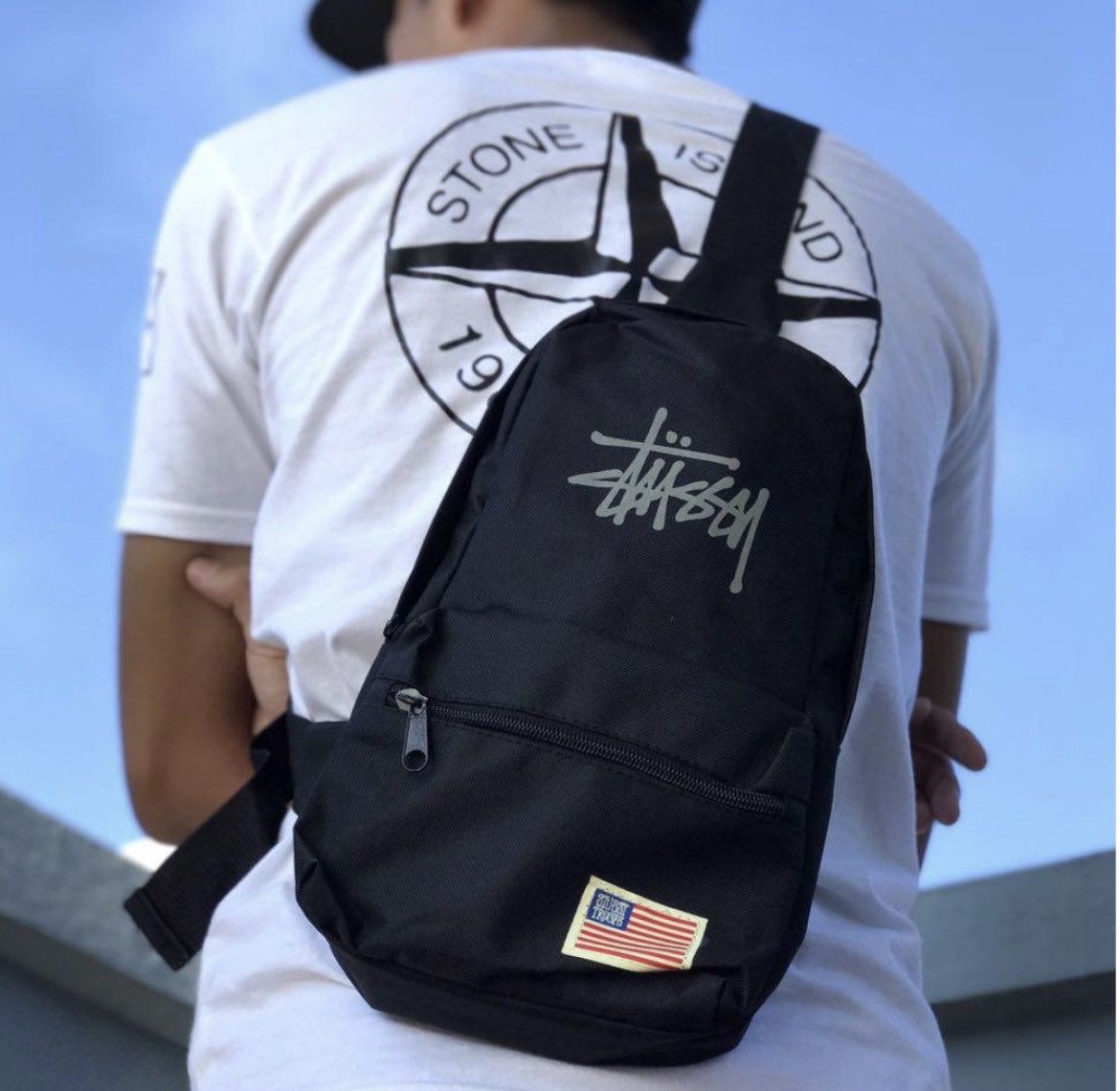 Archival Clothing x Stussy Vintage Stussy Troops Crossbody Bag Sling Pack Fanny Y2K in Black, Men's