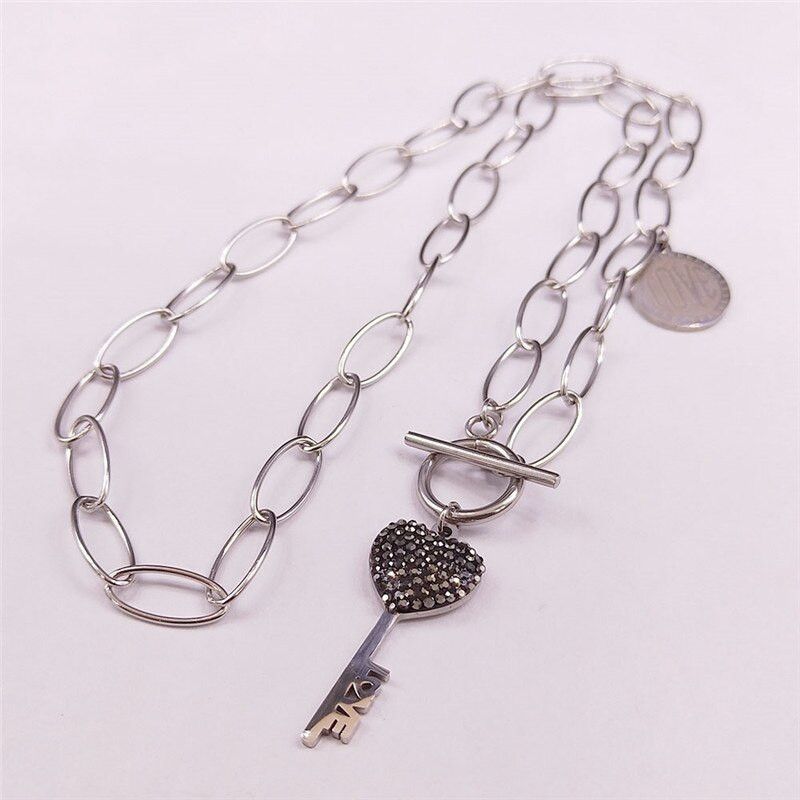 Jewelry Heart Key Black Crystal Stainless Steel Necklace Size ONE SIZE - 3 Thumbnail