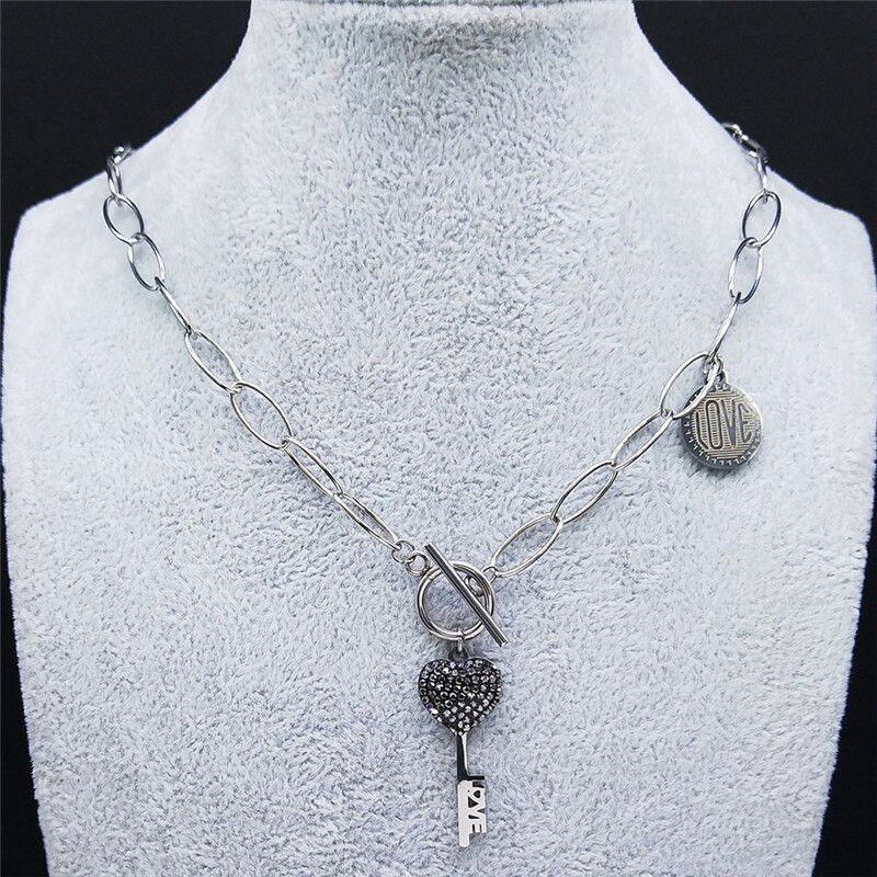 Jewelry Heart Key Black Crystal Stainless Steel Necklace Size ONE SIZE - 1 Thumbnail