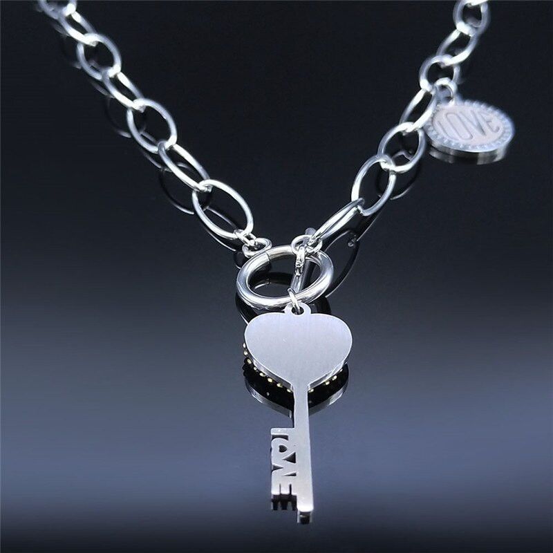 Jewelry Heart Key Black Crystal Stainless Steel Necklace Size ONE SIZE - 2 Thumbnail