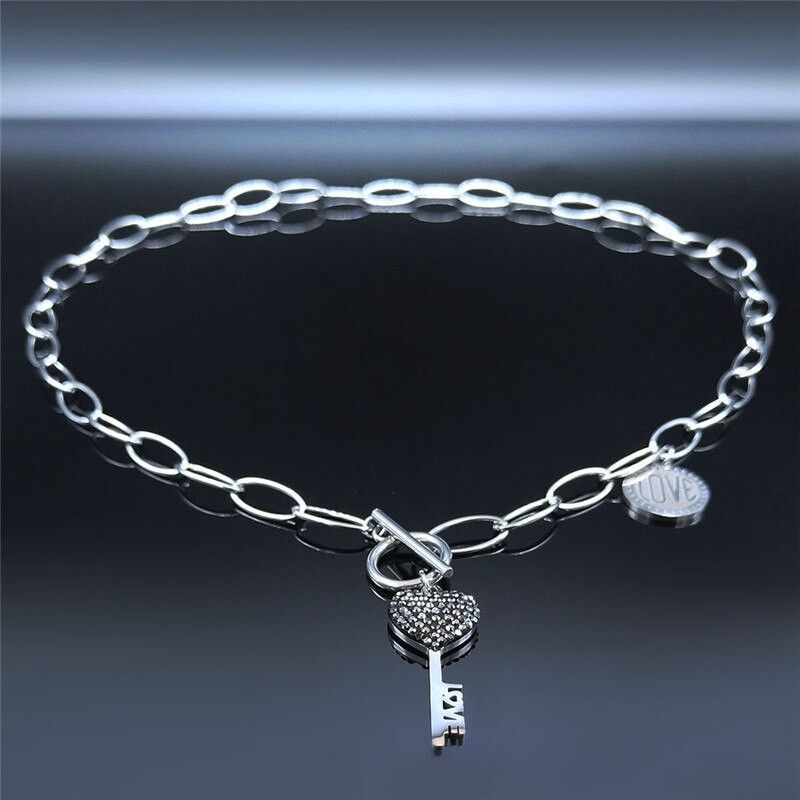 Jewelry Heart Key Black Crystal Stainless Steel Necklace Size ONE SIZE - 4 Thumbnail