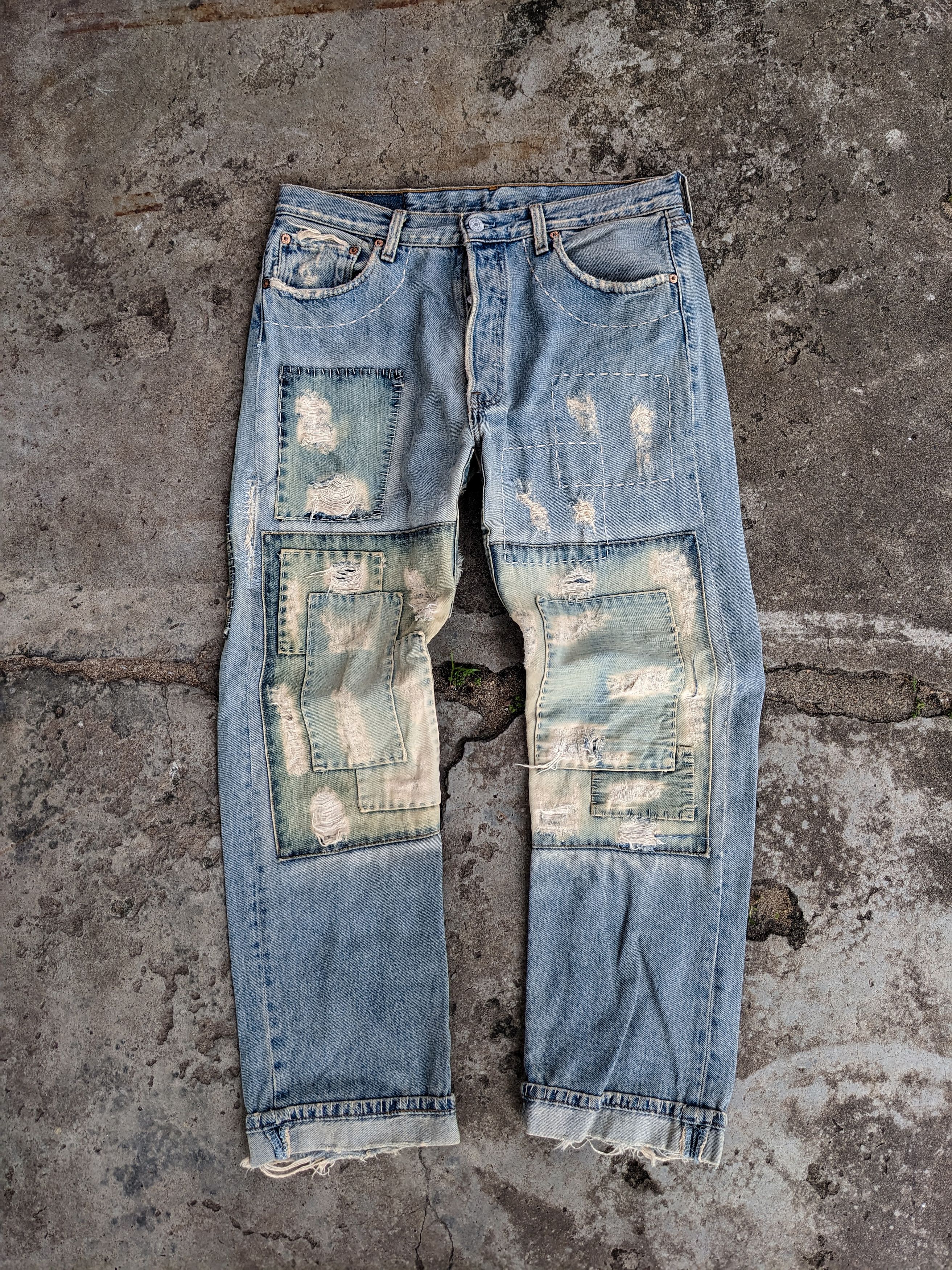 image of Vintage Original Patchwork Levis 501 Jeans in Blue Denim, Men's (Size 33)