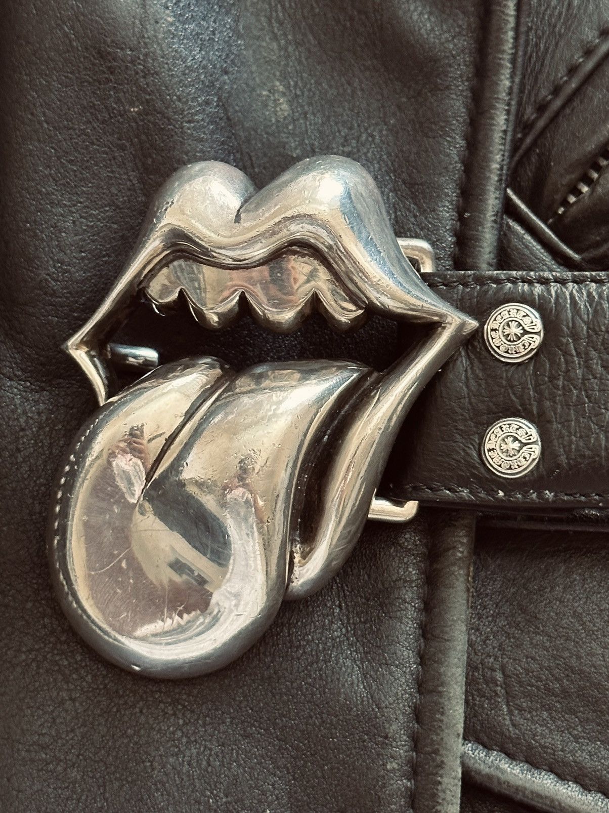Boucle De Ceinture Cuir Style Chrome Hearts & Rolling Stones - Motif Croix Cœur, Noir, Taille 42, Unisexe