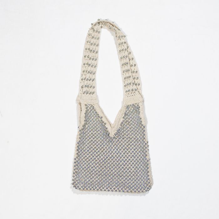 Zara Zara Silver Beaded Embellished Crochet Fabric Shoulder Purse