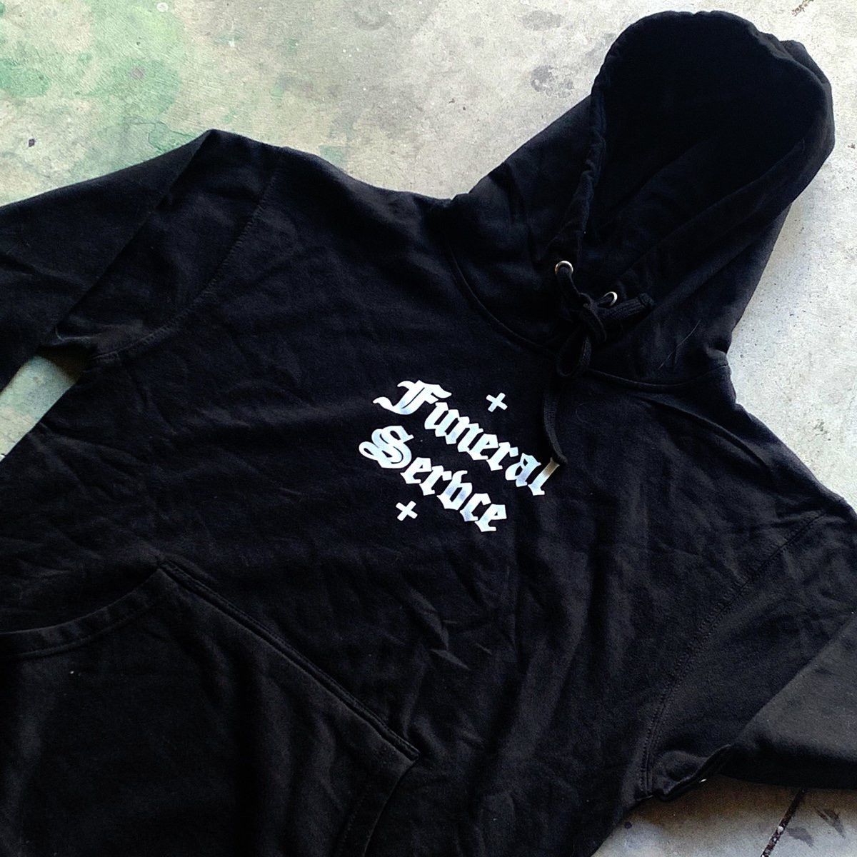 image of Goth&money x Rap Tees Funeral Servce Hoodie Black New, Men's (Size 2XL)