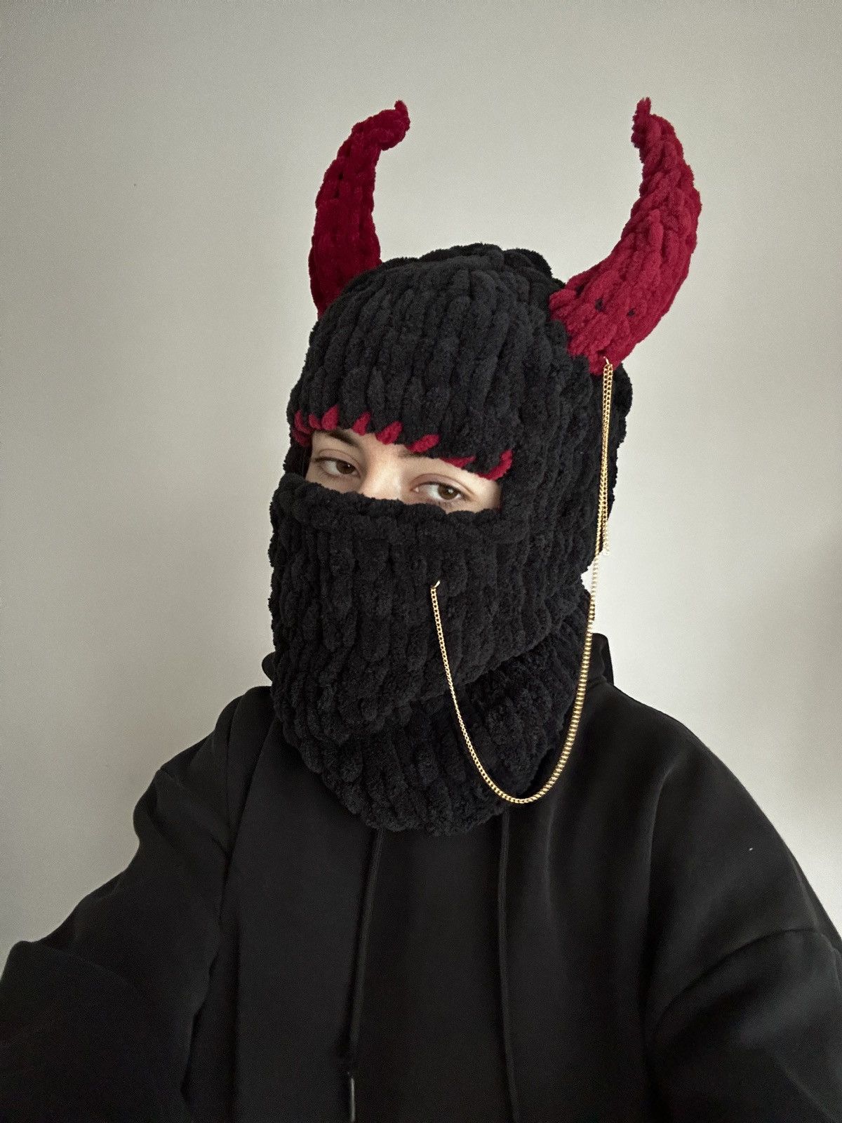 Black Knit Balaclava with Red Horns Devil Horn Hat, Devil Horn Balaclava Face Mask Crochet  main image 2