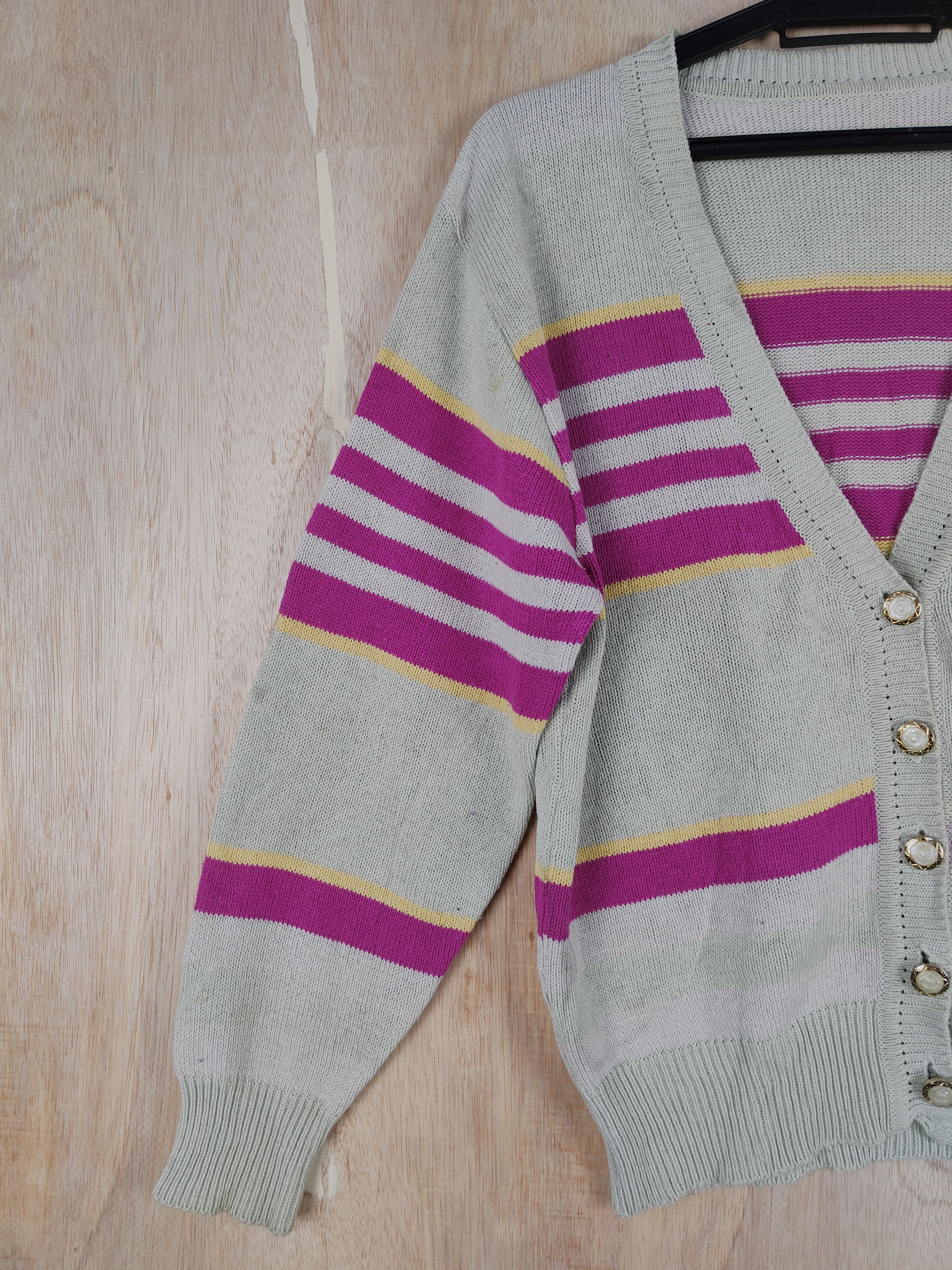 Homespun Knitwear × Vintage Japan knitwear stripe Gray/Pink Cardigan #S311 Size US M / EU 48-50 / 2 - 3 Thumbnail